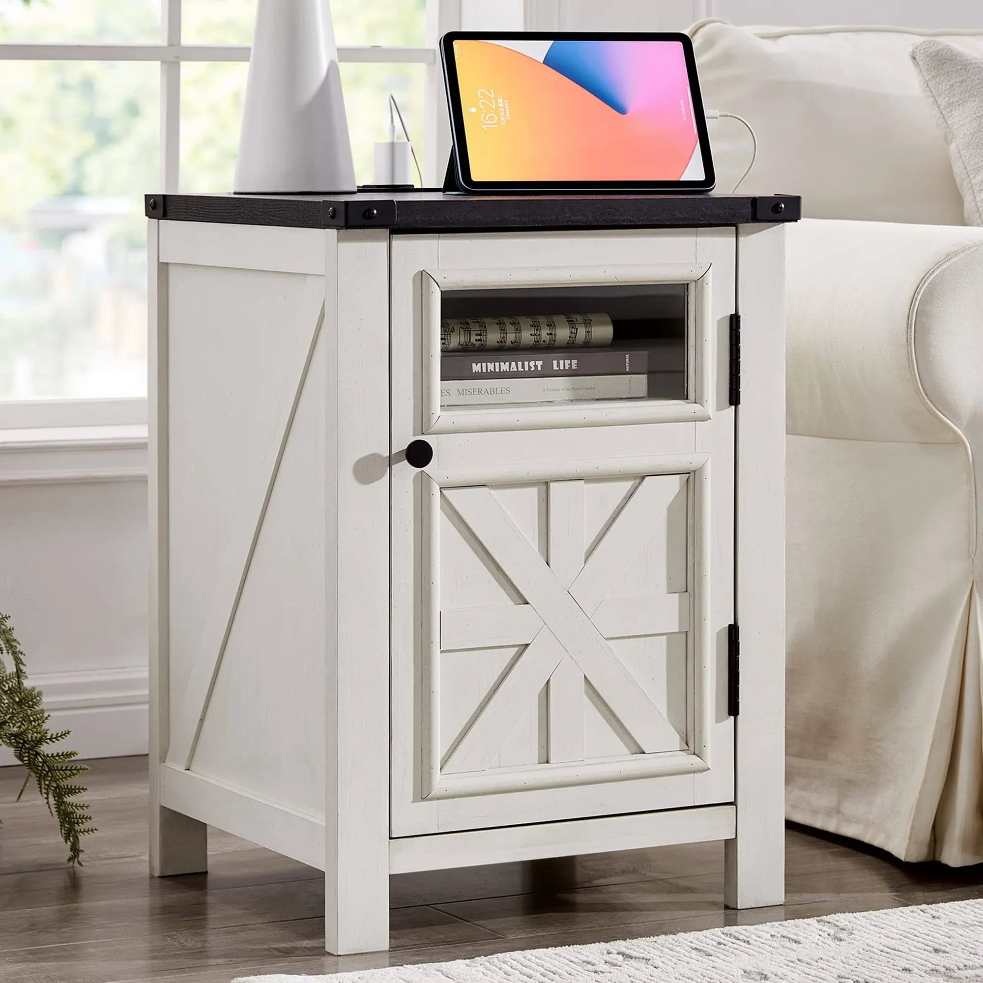 JXQTLINGMU Farmhouse End Table with Charging Station - 18&#039;&#039; Rustic White 