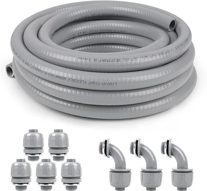 Elecoman 1/2Inch 100ft Liquid-Tight Conduit and Connector Kit,Flexible Non Metallic Liquid Tight Electrical Conduit Kit with 5 Straight and 3 90