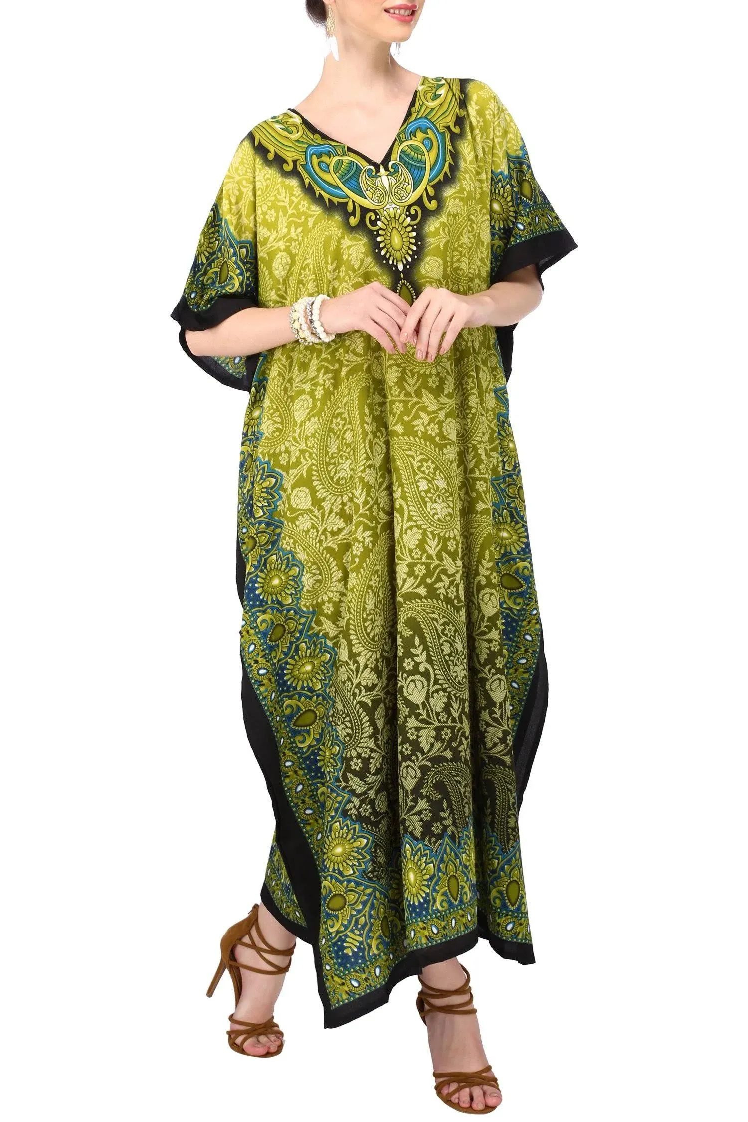 Miss Lavish London Long Dresses for Women Summer Ladies Kimono Maxi Style Kaftans for Regular to Plus Size Maxi Dress, Green, One size, Women's