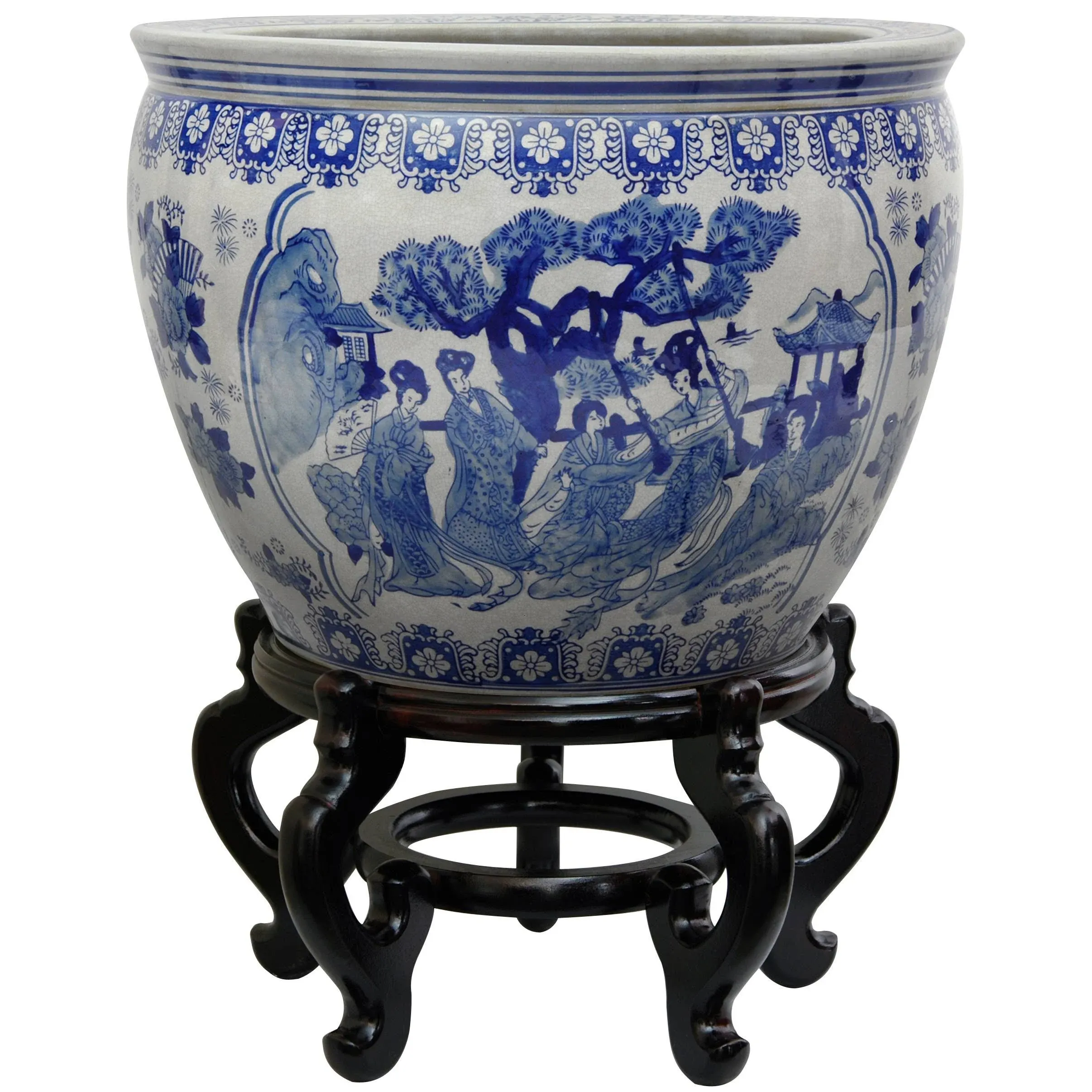 Oriental Furniture 12" Ladies Blue & White Porcelain Fishbowl