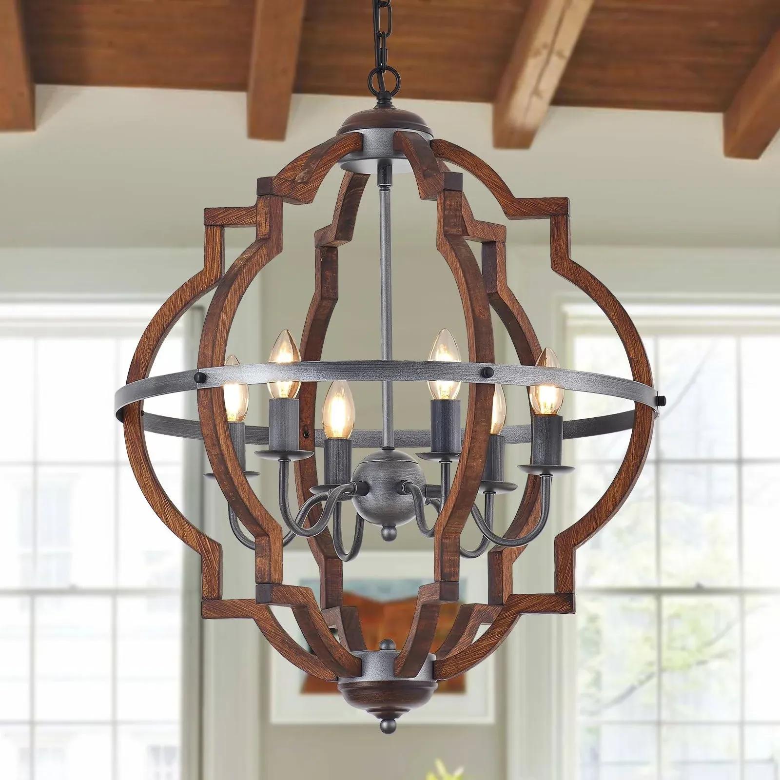 Farmhouse 6-Light Wood Chandelier Light Fixture, Vintage 23.6&#034; Caged Candle for