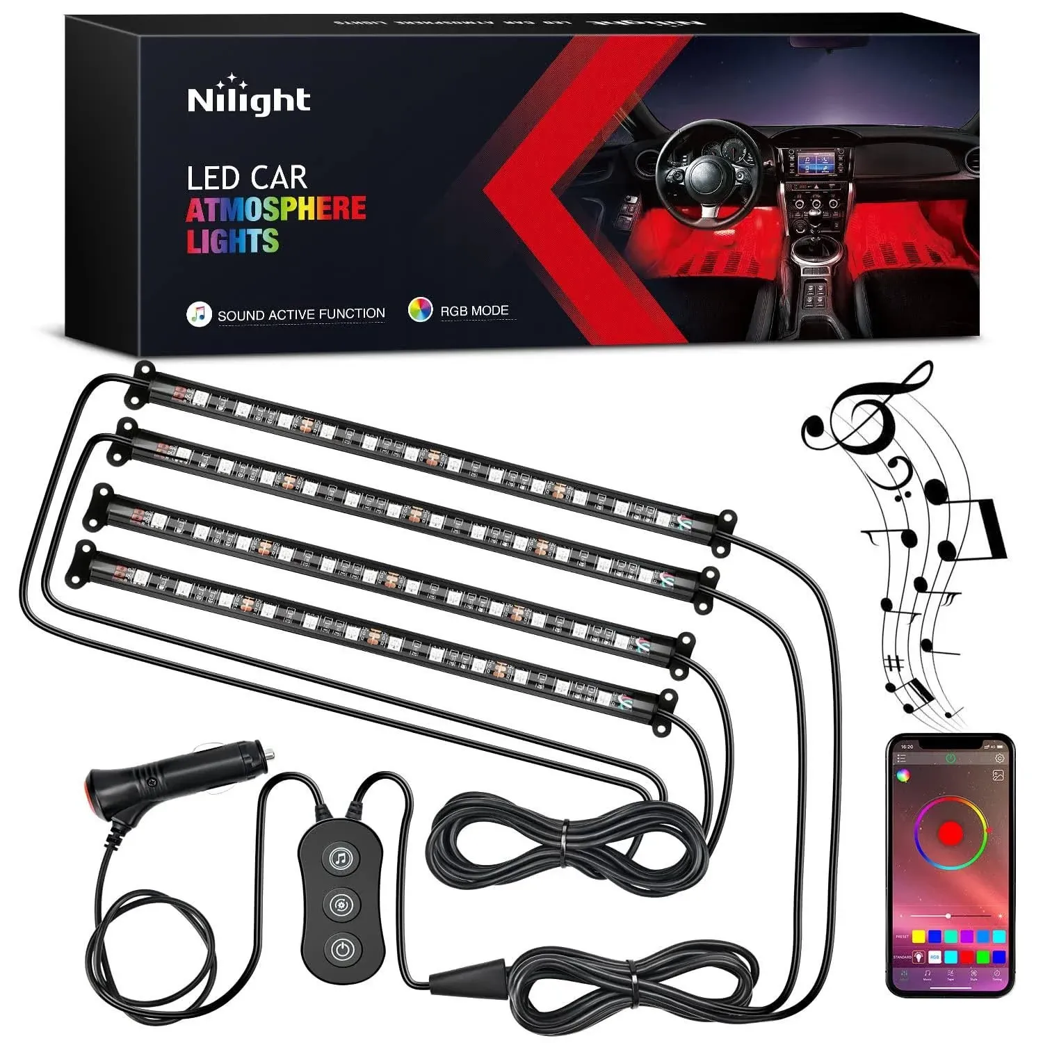 Nilight Car Interior Lights with App Control 16 Million RGB Colors Str