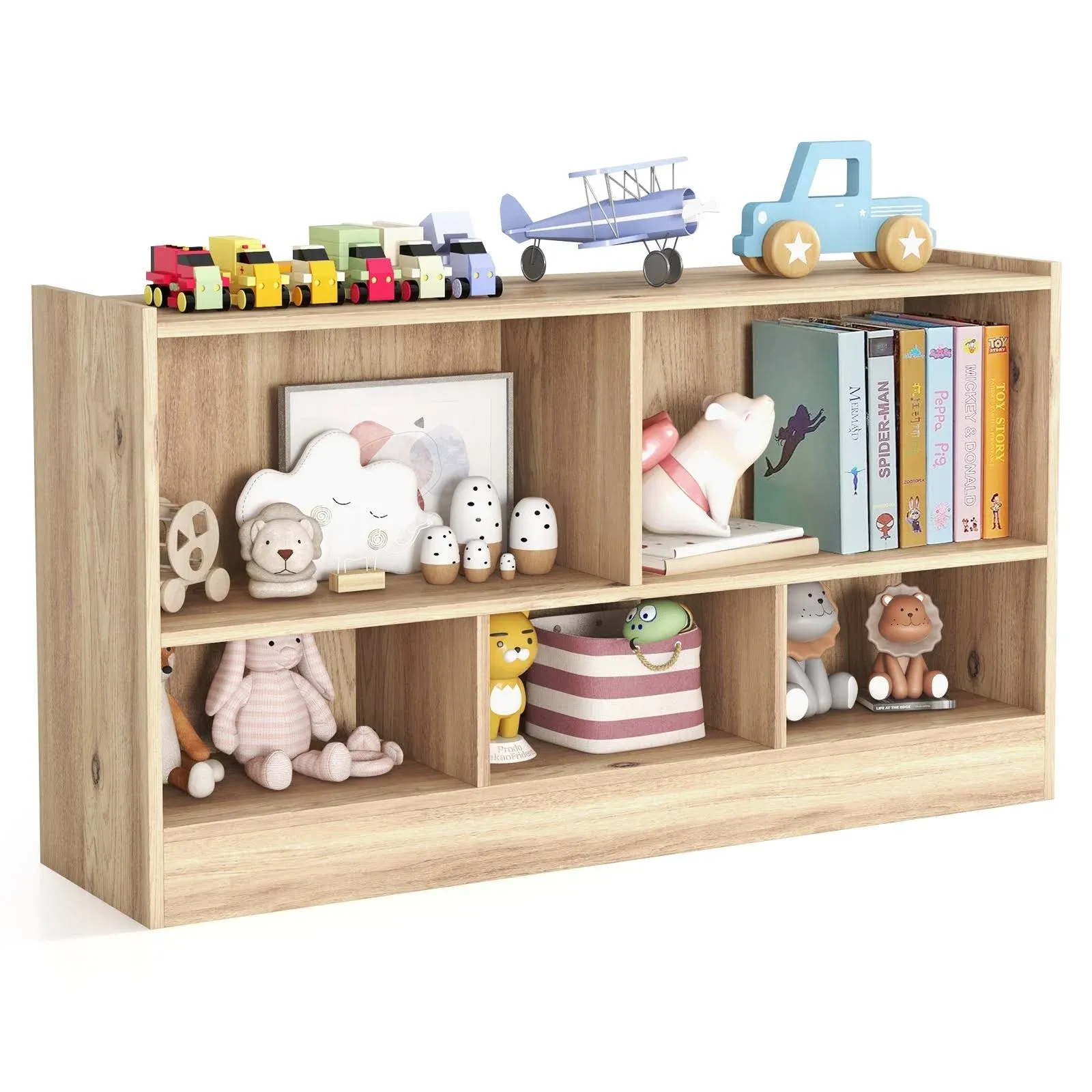 Kids 2-Shelf Bookcase 5-Cube Wood Toy Storage Cabinet Organizer Natural