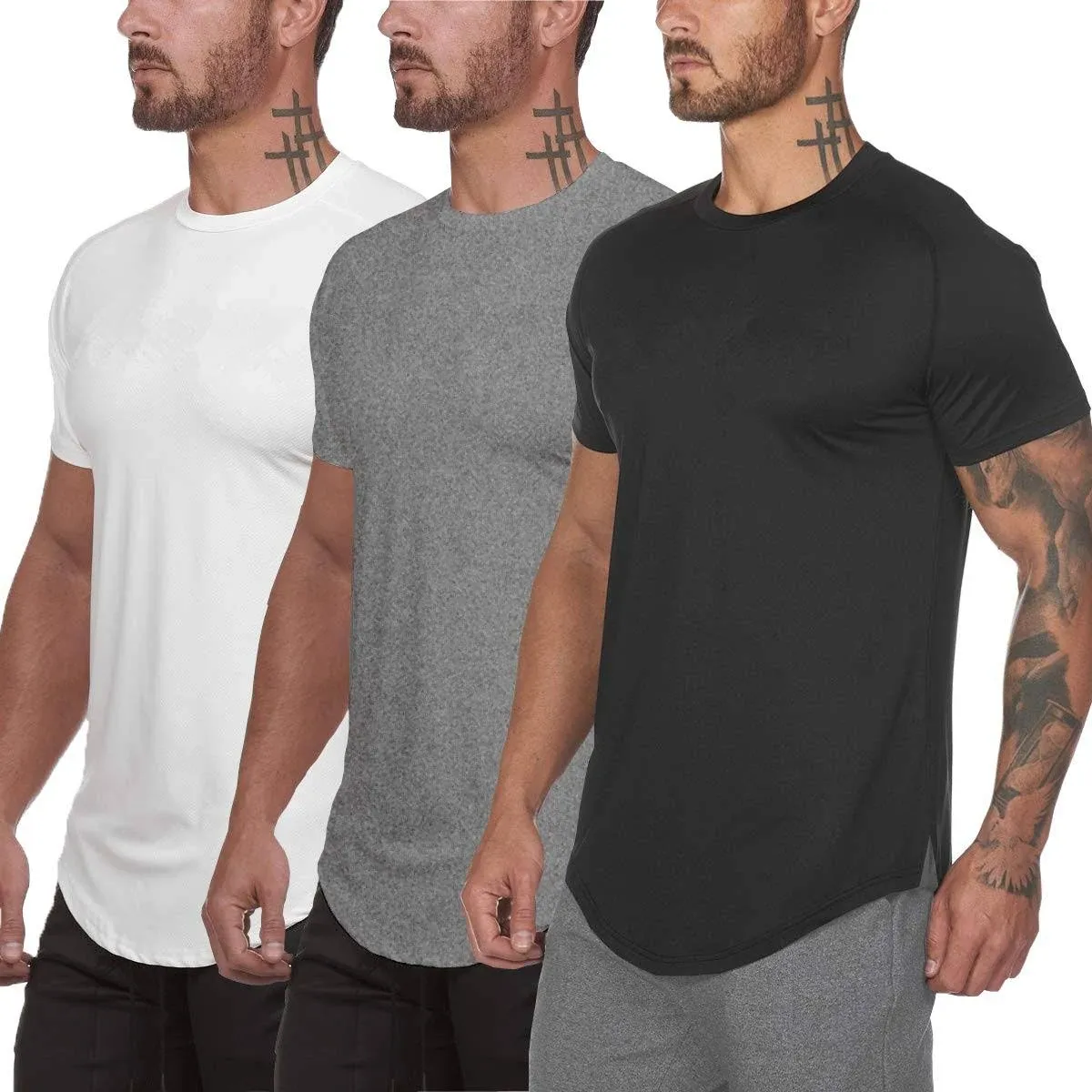 Muscle Killer 3 Pack Men's Gym Workout Bodybuilding Fitness Active Athletic T-shirts Workout Casual Tee (Large, Black+Gray+White)