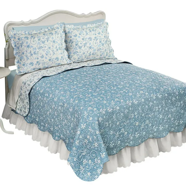 Reversible Floral Quilt with Scalloped Edges - Blue - Full - Queen