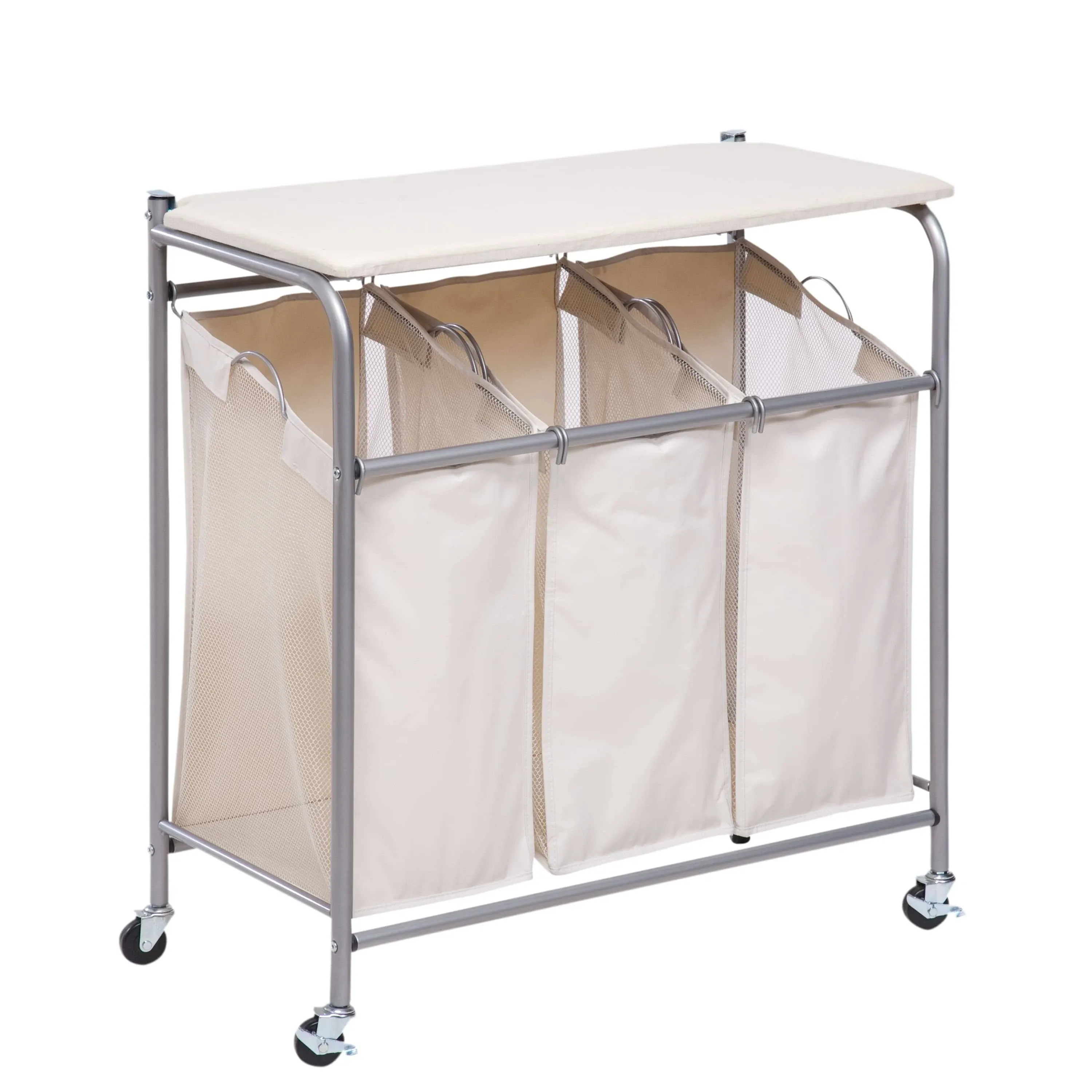 Honey-Can-Do 3 Bag Steel Rolling Laundry Sorter with Ironing Board Top, Silver/Natural