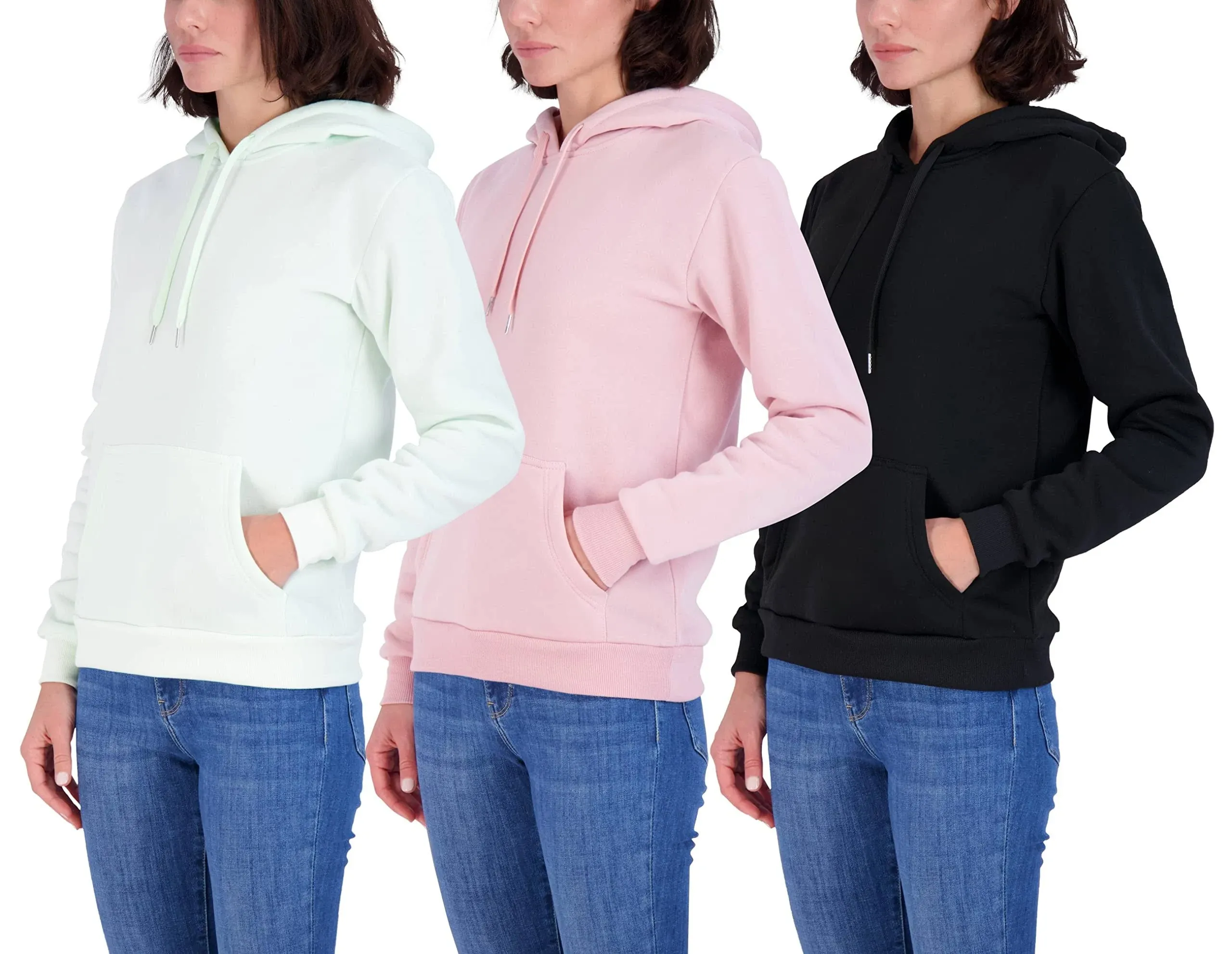 Real Essentials 3 Pack: Women's Fleece Long-Sleeve Pullover Hoodie Active Sweatshirt Kangaroo Pocket - (Available In Plus)