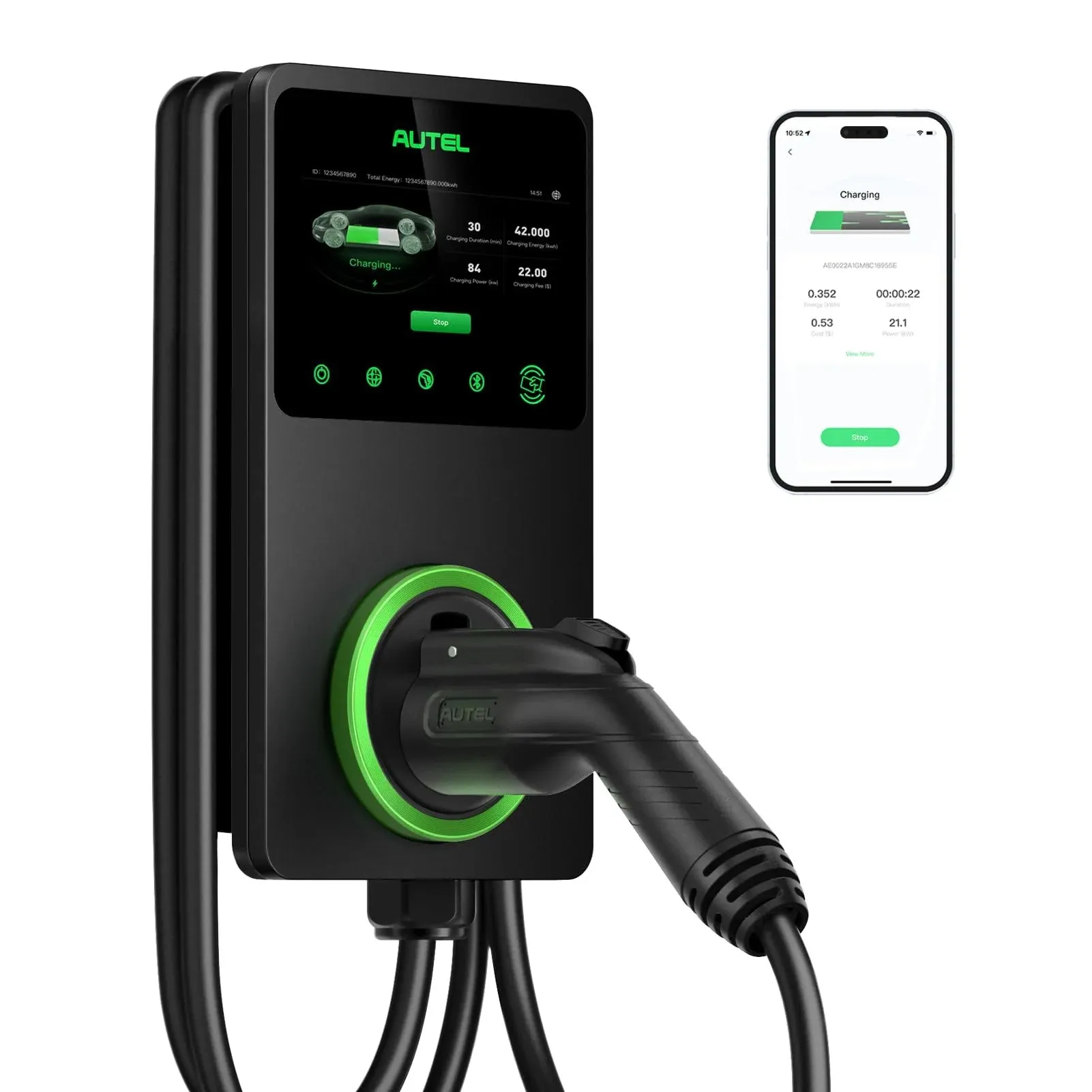 Autel Home Smart Electric Vehicle (EV) Charger, 50 Amp Level 2 Wi-Fi and Bluetooth Enabled EVSE 4G Touch Screen, with In-Body Holster and 25-Foot