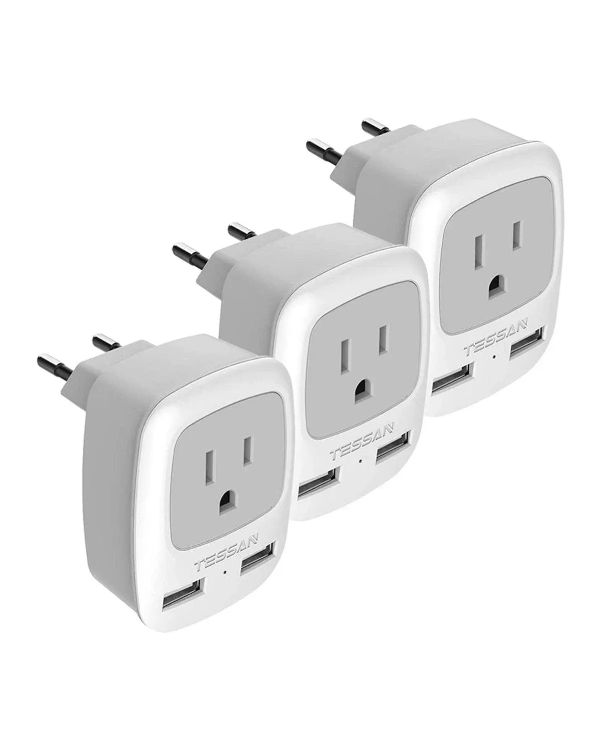 TESSAN International Power Adaptor 2 USB, European Travel Plug Adapter 3 Pack