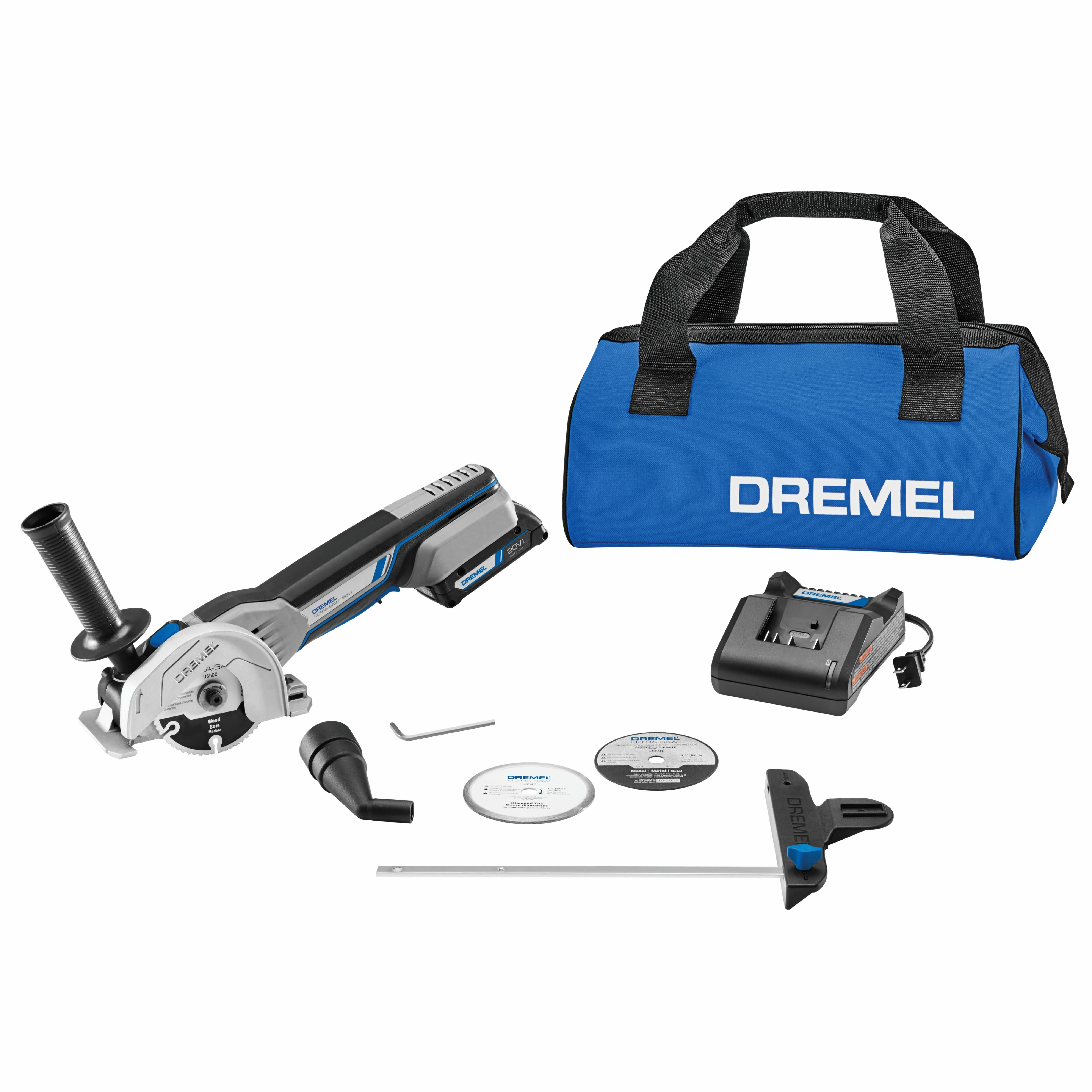 Dremel US20V-01 Kit d'outils de scie circulaire compacte avec (1) batterie 20 V, (3) roues de coupe et sac de rangement – 15 000 tr/min – Idéal pour la coupe à ras plat, la coupe plongeante et la