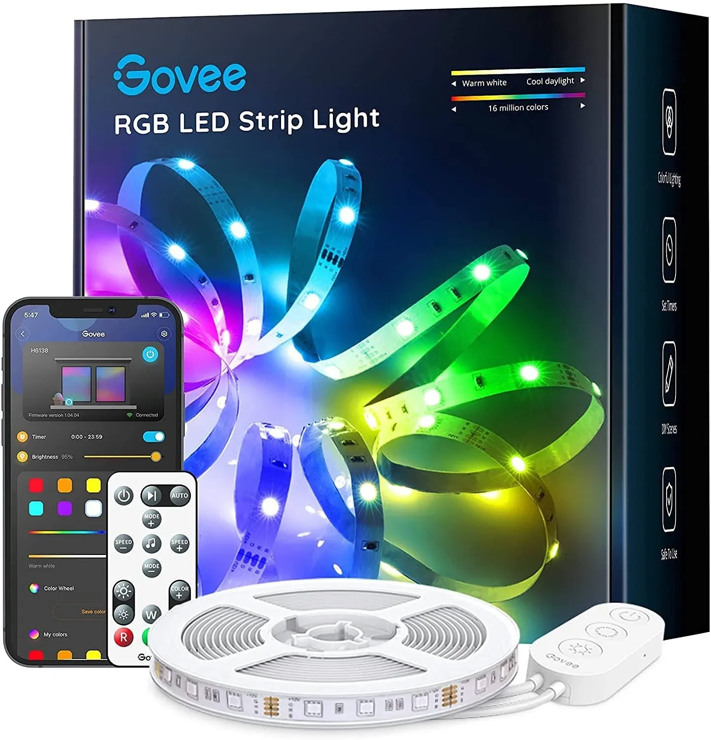 Govee 16.4ft LED Strip Lights, Bluetooth RGB Christmas LED Lights with App Control, 64 Scenes and Music Sync LED Strip Lighting for Bedroom, Living Room, Kitchen, Party, ETL Listed Adapter