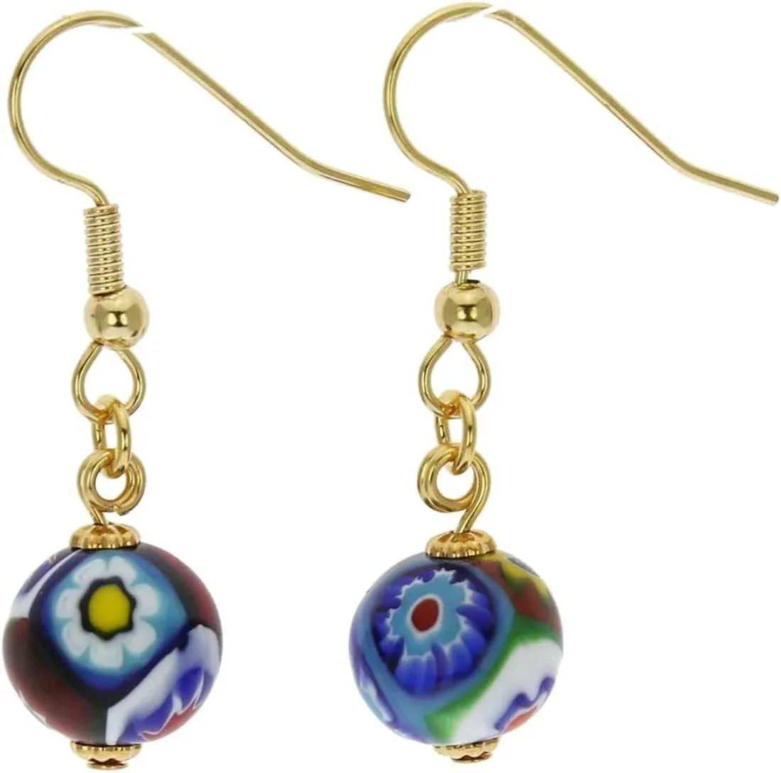 Murano Glass Mosaic Millefiori Ball Earrings - Gold