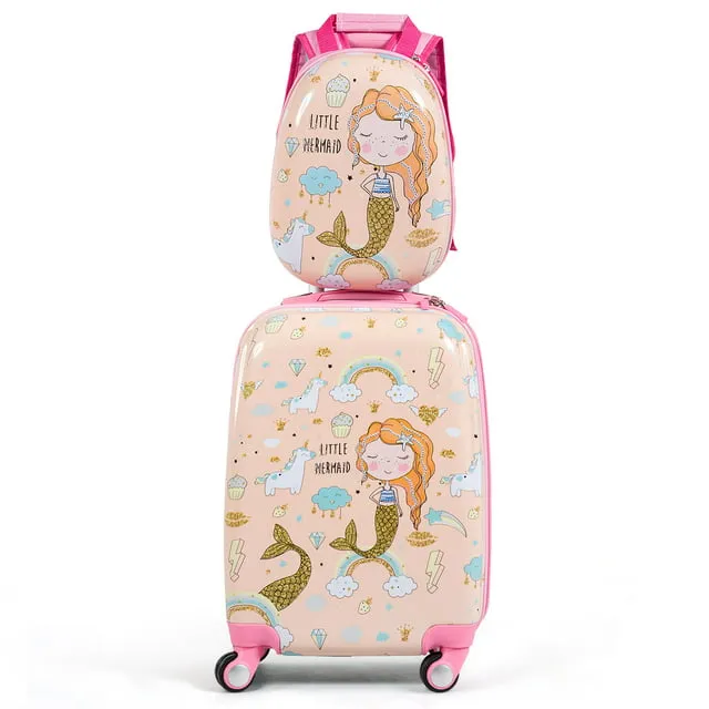 Costway 2PCS Kids Luggage Set 18'' Rolling Suitcase &  12'' Backpack Travel ABS Mermaid Pink