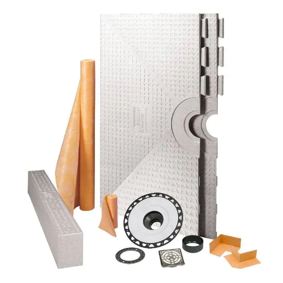 Schluter Kerdi Shower Kit with Shower Tray, Curb, Waterproofing Membrane, Strip & Collar - 48" x 48" Tray Size, Center Outlet Position - KSK1220