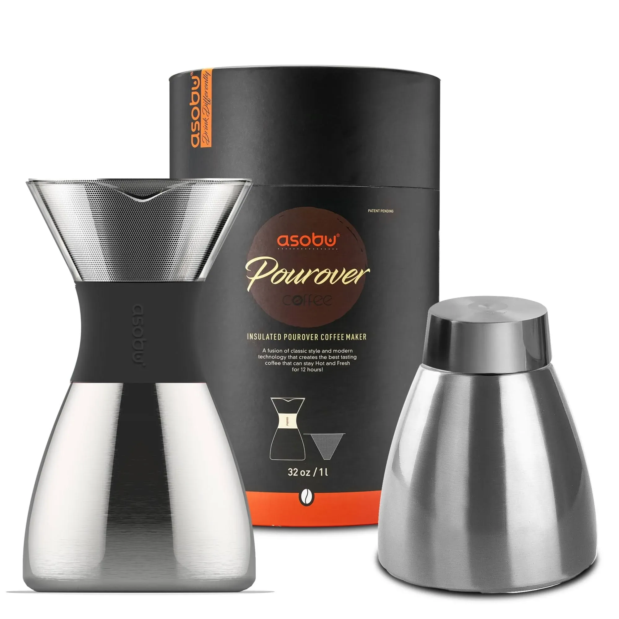 Asobu Silver/Black Insulated Pour Over Coffee Maker (32 oz.) Double-Wall Vacuum