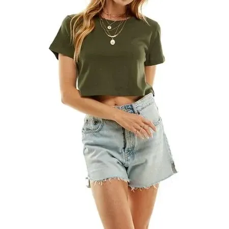 Women's Boxy Crop Top Round Neck Short Sleeve Casual 100% Cotton Cropped Tee T-Shirt