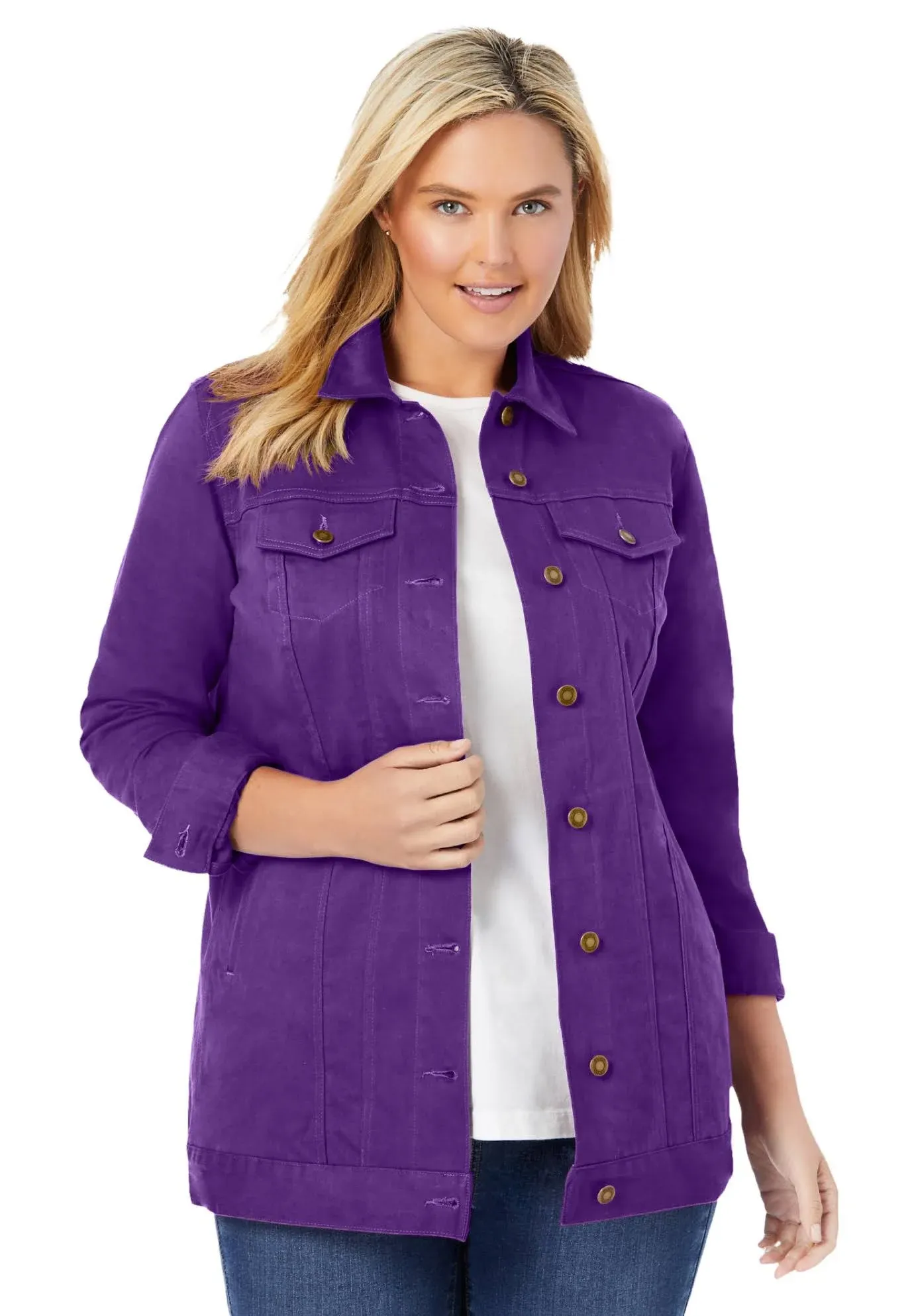 Plus Size Women's Long Stretch Denim Jacket by Woman Within in Purple Orchid ...