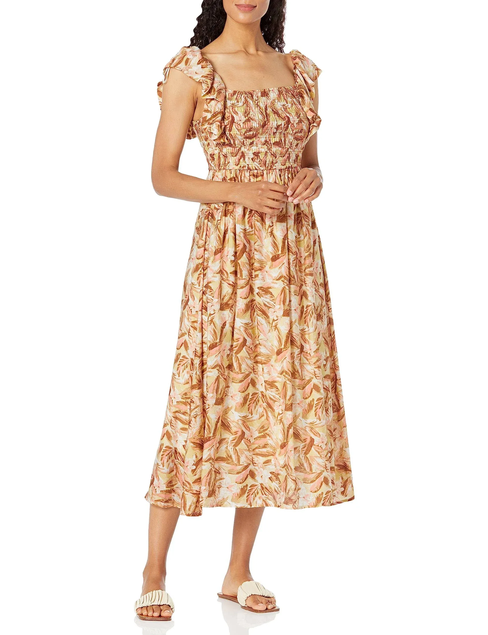 Moon River Women's Ruffle Smocked Midi Dress - Brown Multi