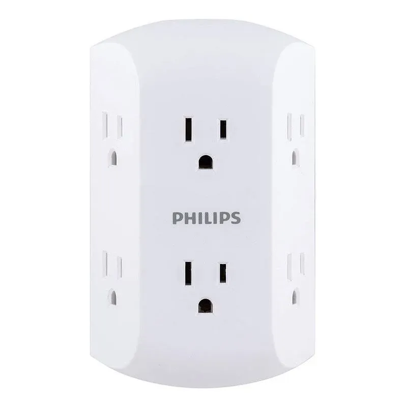 PHILIPS 6 Outlet Wall Plug Adapter Power Strip, Extra Wide 1 Pack, White 