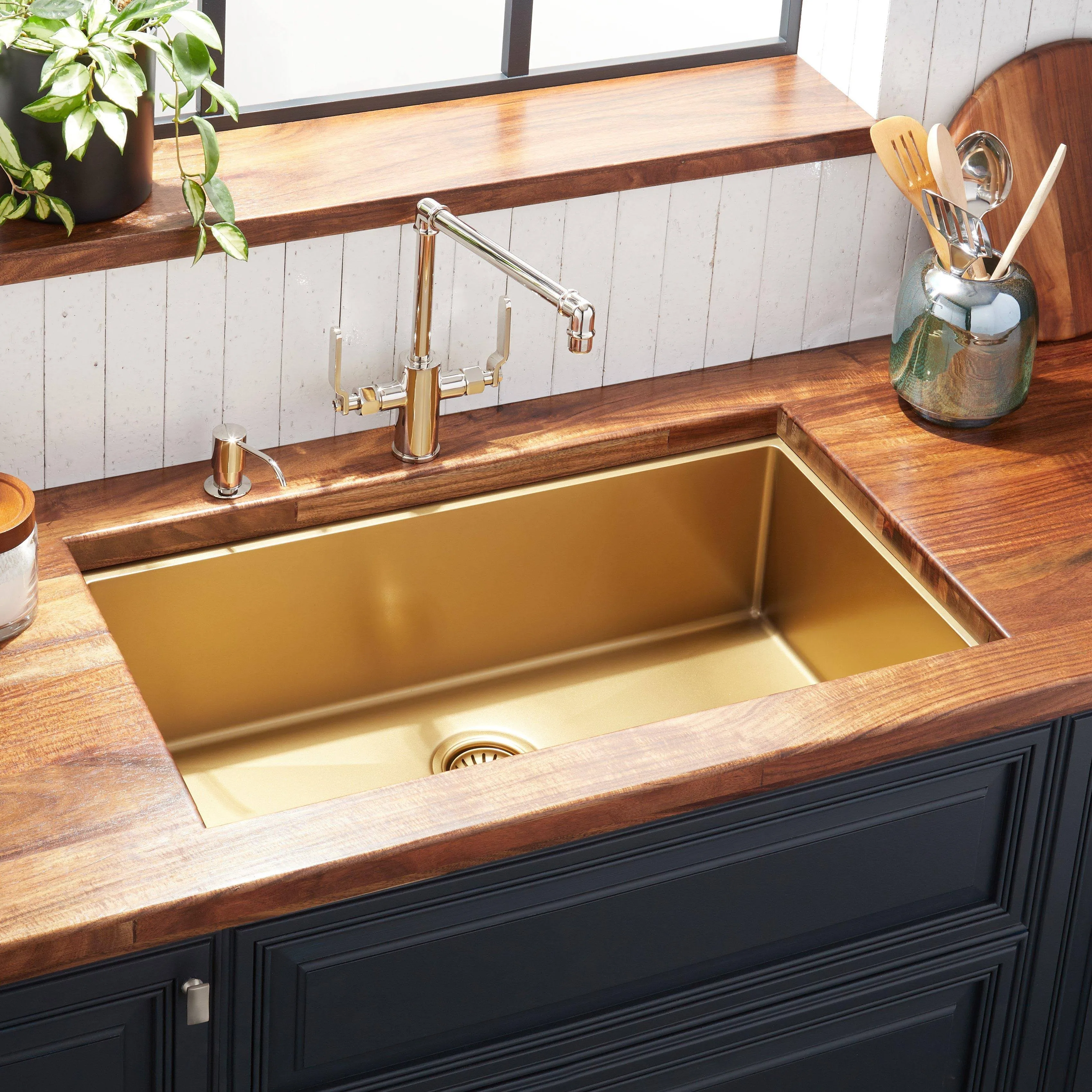 Signature Hardware 944641-32 Atlas 32" Undermount Single Basin Stainless Steel Kitchen Sink with Sound Dampening Matte Gold Sinks Kitchen Sinks