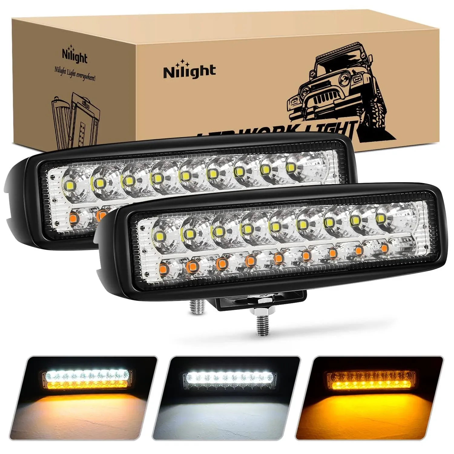 Nilight 15020F-B 2PCS 54W White/Amber Lights Bar 6 Inch Flood Fog Road Boat Driving Led Work SUV Jeep Lamp