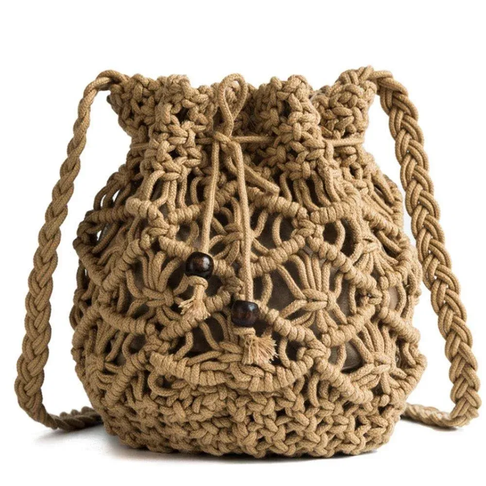 Losip-cc Women's Bucket Drawstring Handbag Straw Shoulder Bag Straw Weave ...