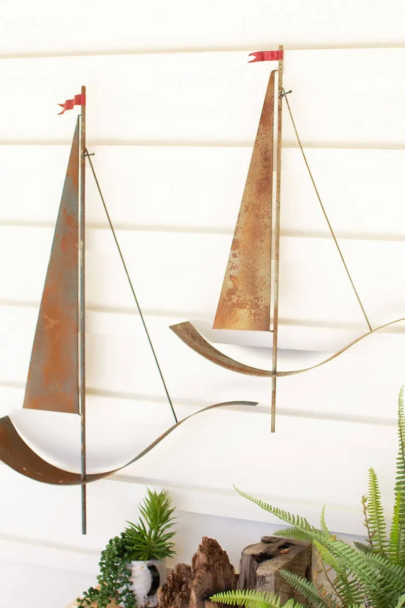 Set of Two Painted Metal Sailboat Wall Hangings