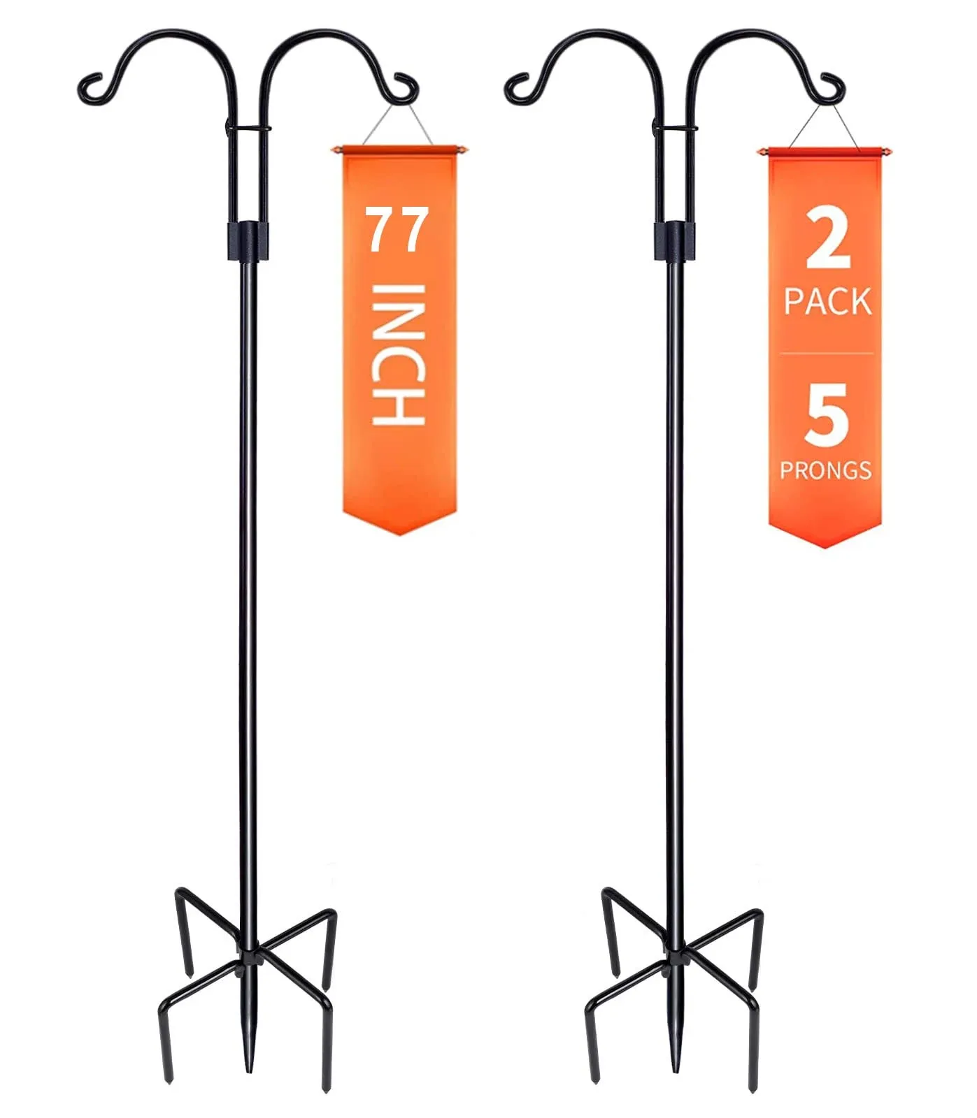 XDW-GIFTS Double Shepherds Hooks for Outdoor, 2-Pack Heavy Duty Garden Pole for Hanging Bird Feeder, Plant Baskets, Solar Light Lanterns, Garden