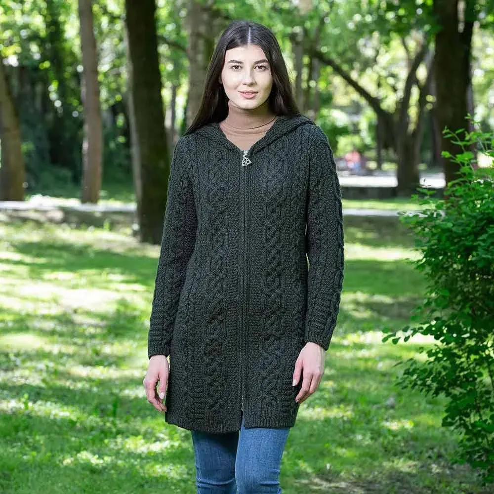 SAOL Irish 100% Merino Wool Cardigan Women's Aran Long Cable Knit Coatigan  | eBay