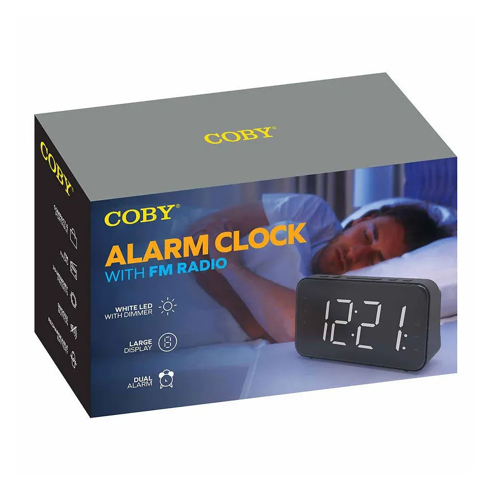 Coby Portable Travel Alarm Clock FM Radio, Dual Alarms with Snooze, Volume Control, Rechargeable Battery-Operated Clock, 12/24h, Easy-Read Oversize