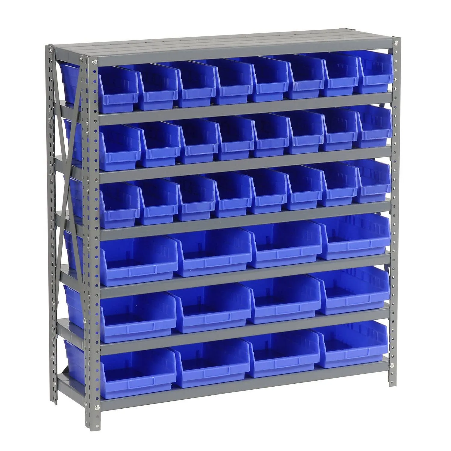 Global Industrial 7 Shelf Steel Shelving with (36) 4" H Plastic Shelf Bins, Blue ...