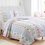 COZY COTTAGE WILD ROSE 2pc Twin QUILT SET : COTTON VINTAGE PINK GREEN  BLUE