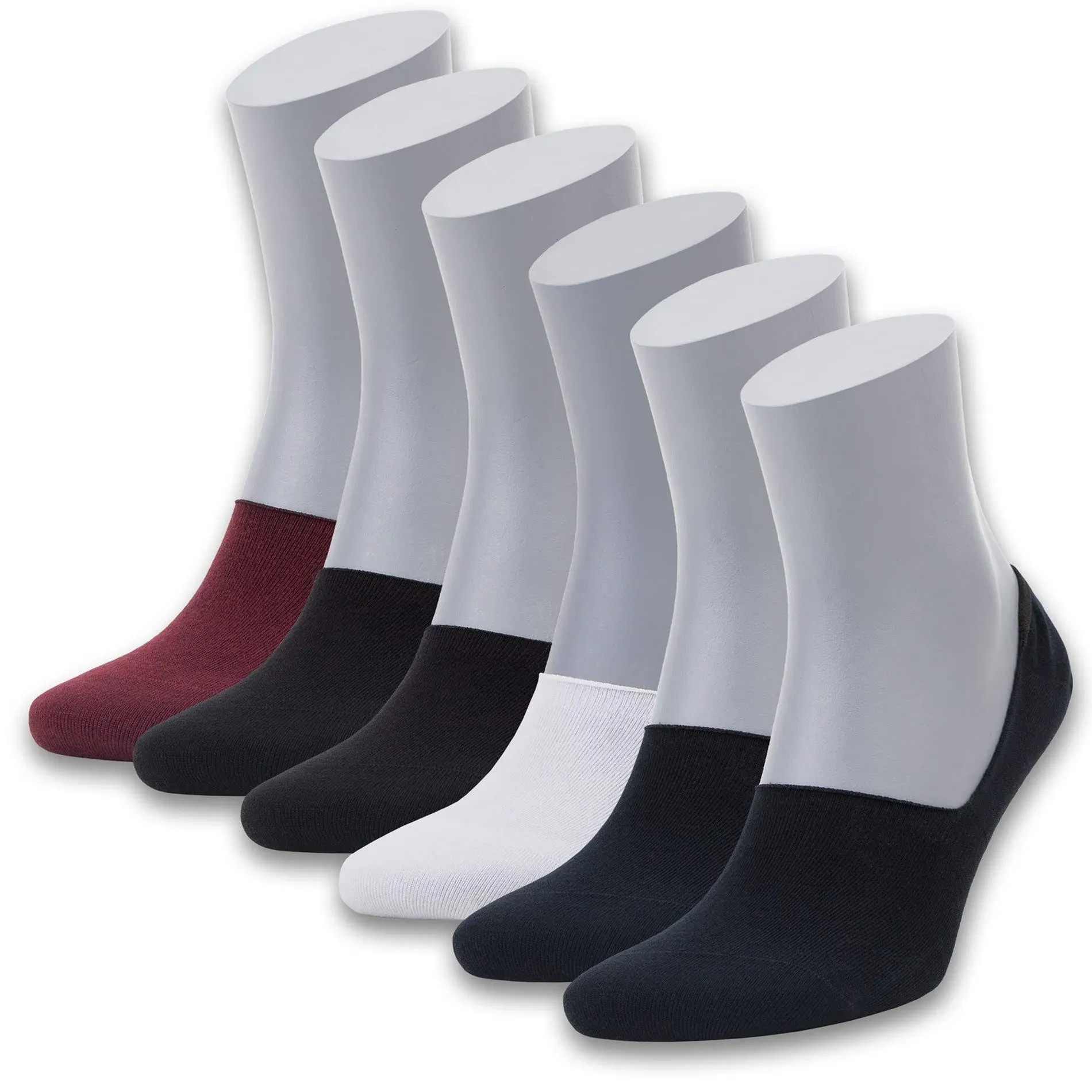 "BAMBOOVEN Men's Bamboo No Show Socks, Non-Slip, Ultra Soft, Pack of 6, Asorted Colors (Black-White-Burgundy)-552"