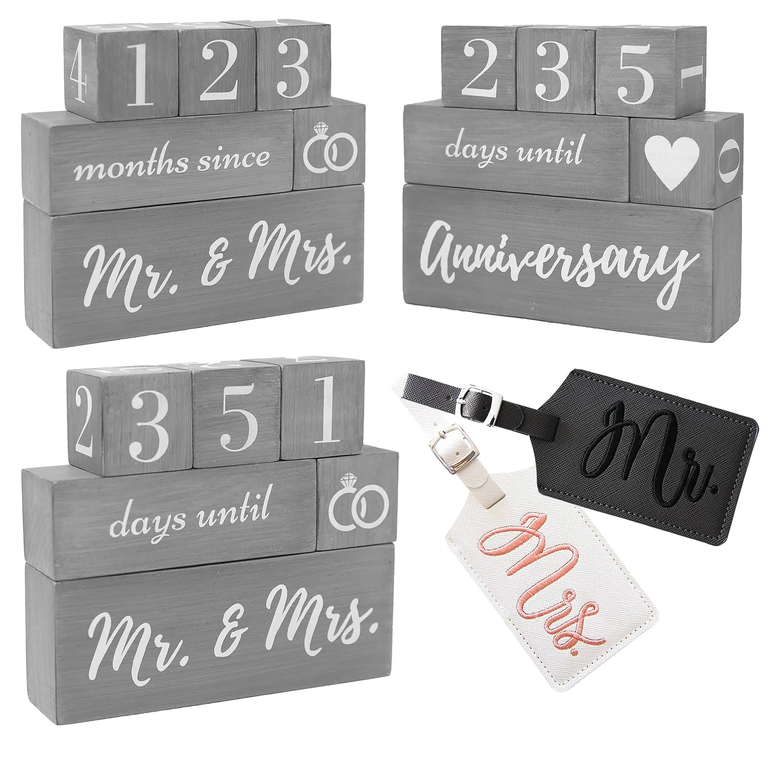 Wedding Countdown Calendar Block Mr and Mrs Luggage Tags His and Hers - 2 Item Gift Set | Reversible Text Block for Marriage, Anniversary Engagement Gifts for Couples, Bride to Be