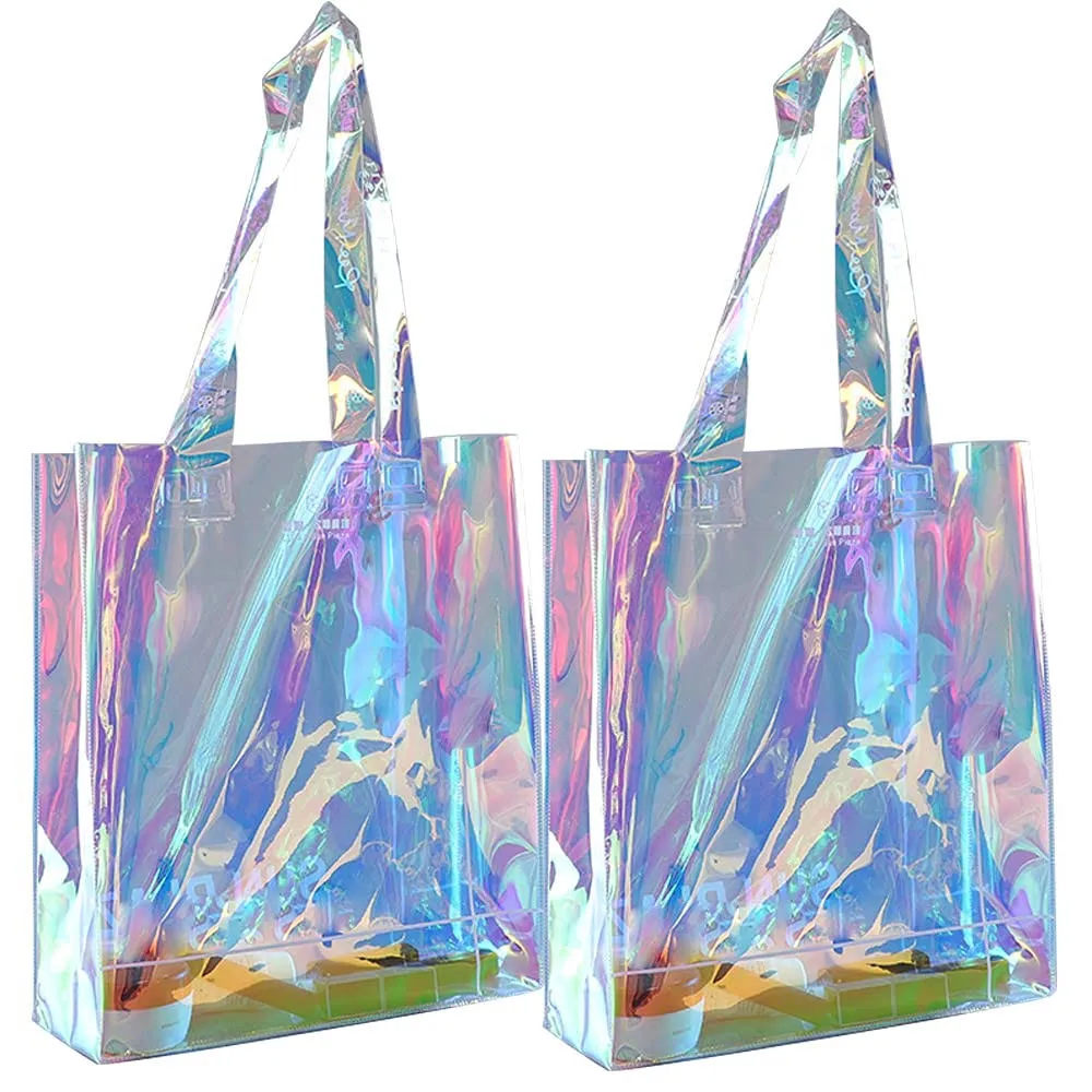 Umbresen Clear Tote Bag, 2-Pack Holographic Rainbow Iridescent Handbag for Sports Fan Games, Work, Security Travel, Stadium V