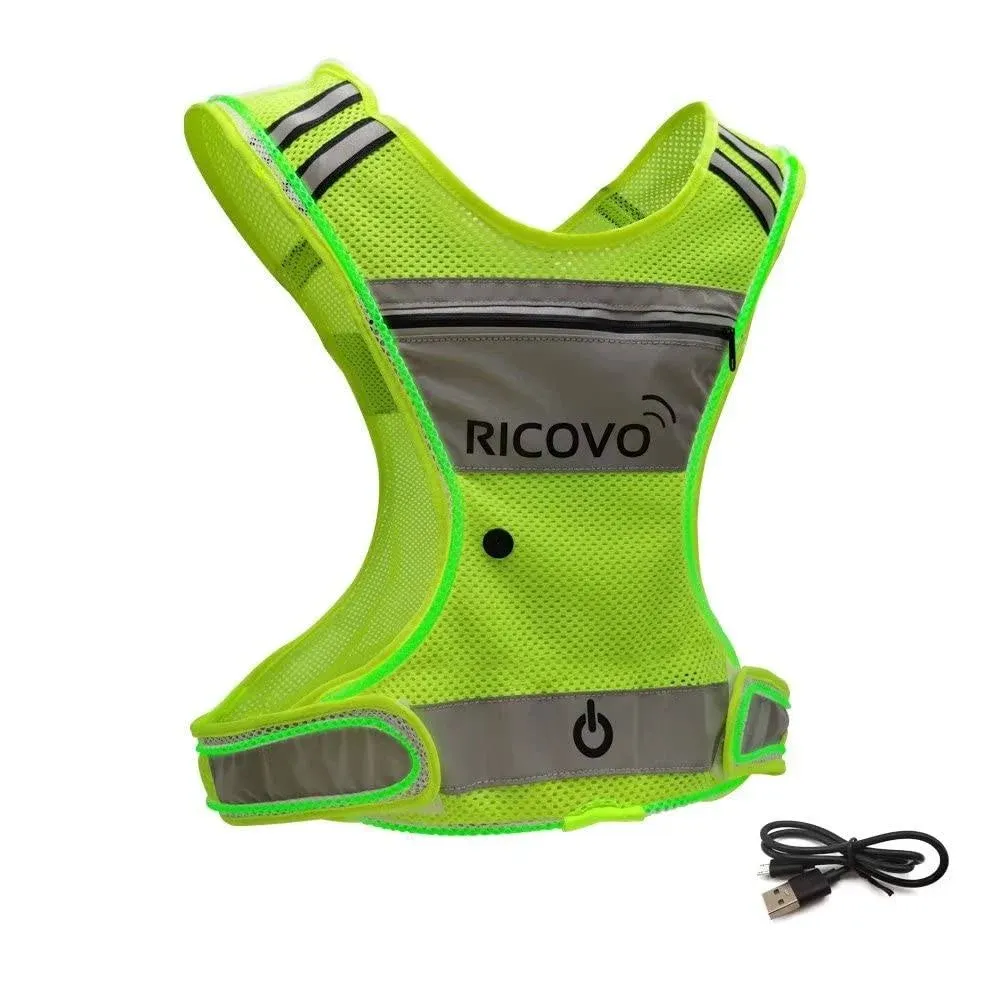 RICOVO LED Rechargeable Safety Vest with Pocket and Zipper for Night Running (Medium)