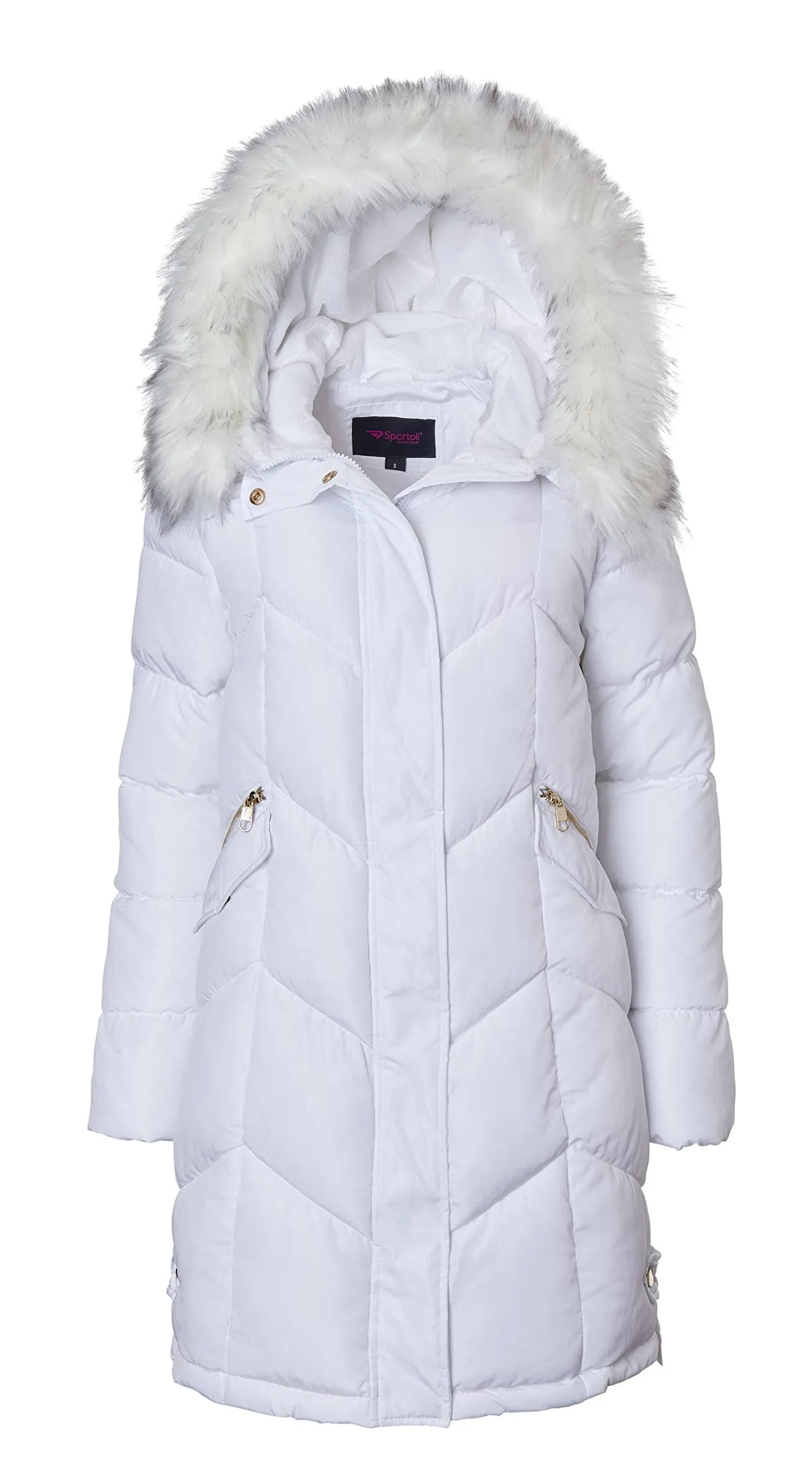 Sportoli Women Quilted Long Winter Coat Fur Trim Plush Lined Hood Puffer Jackets