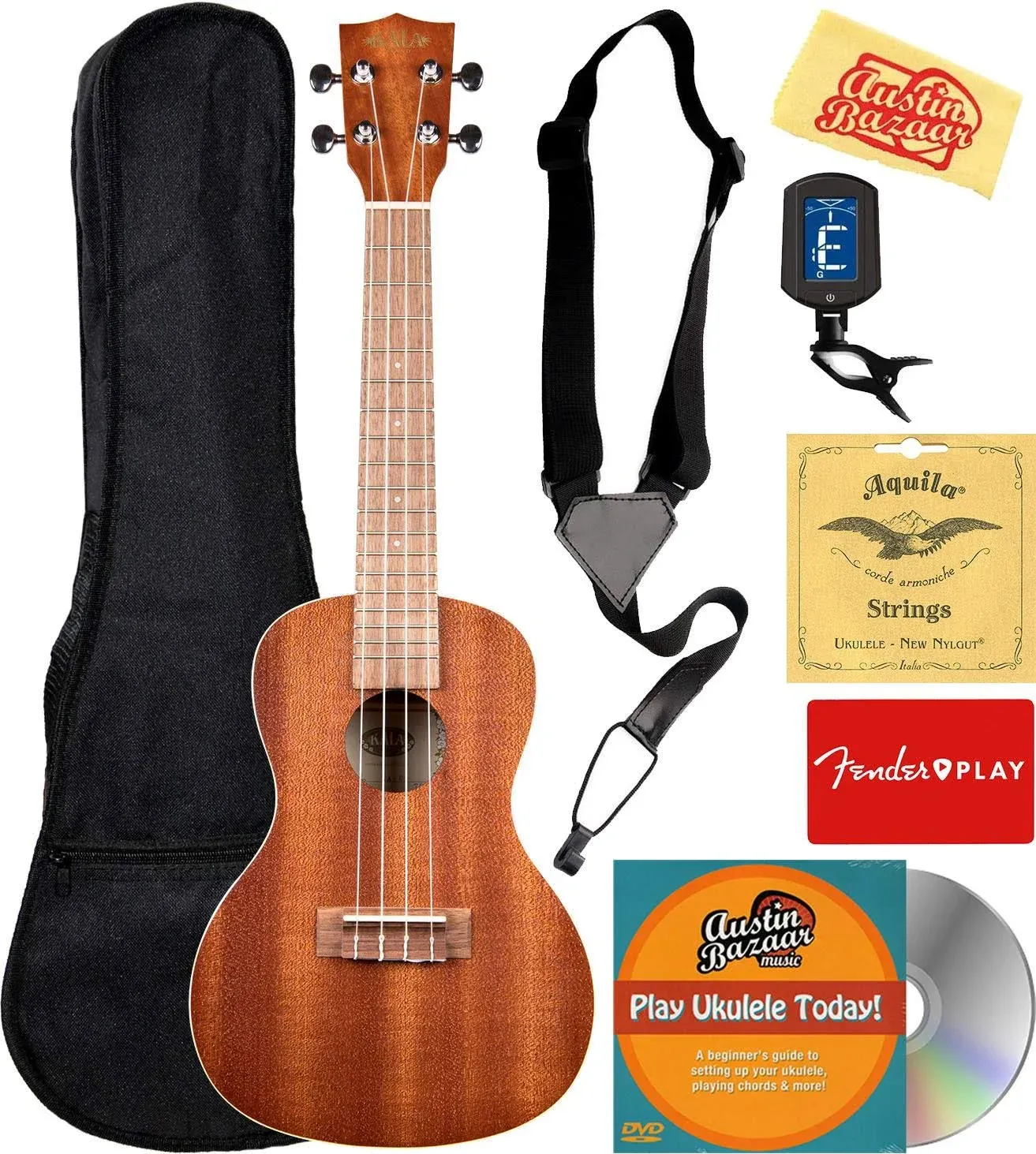 Kala KA-C Mahogany Concert Ukulele Bundle with Gig Bag, Tuner, Austin Bazaar Instructional DVD, and Polishing Cloth