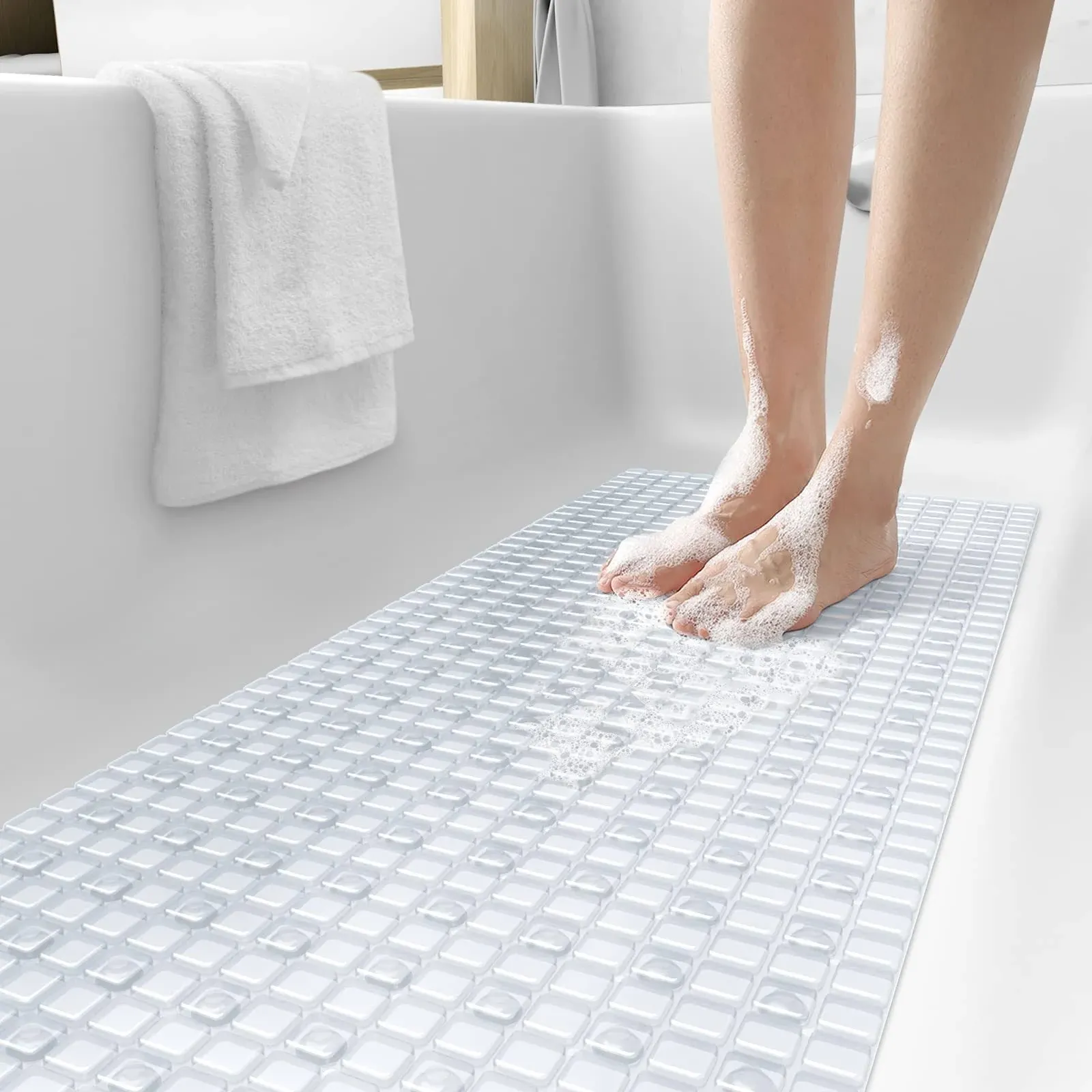 DEXI Bath Tub Shower Mat Non-Slip 16 x 39 Extra Long Bathtub Mats, Suction Cups, Drain Holes, Machine Washable Bathroom Mat, Clear