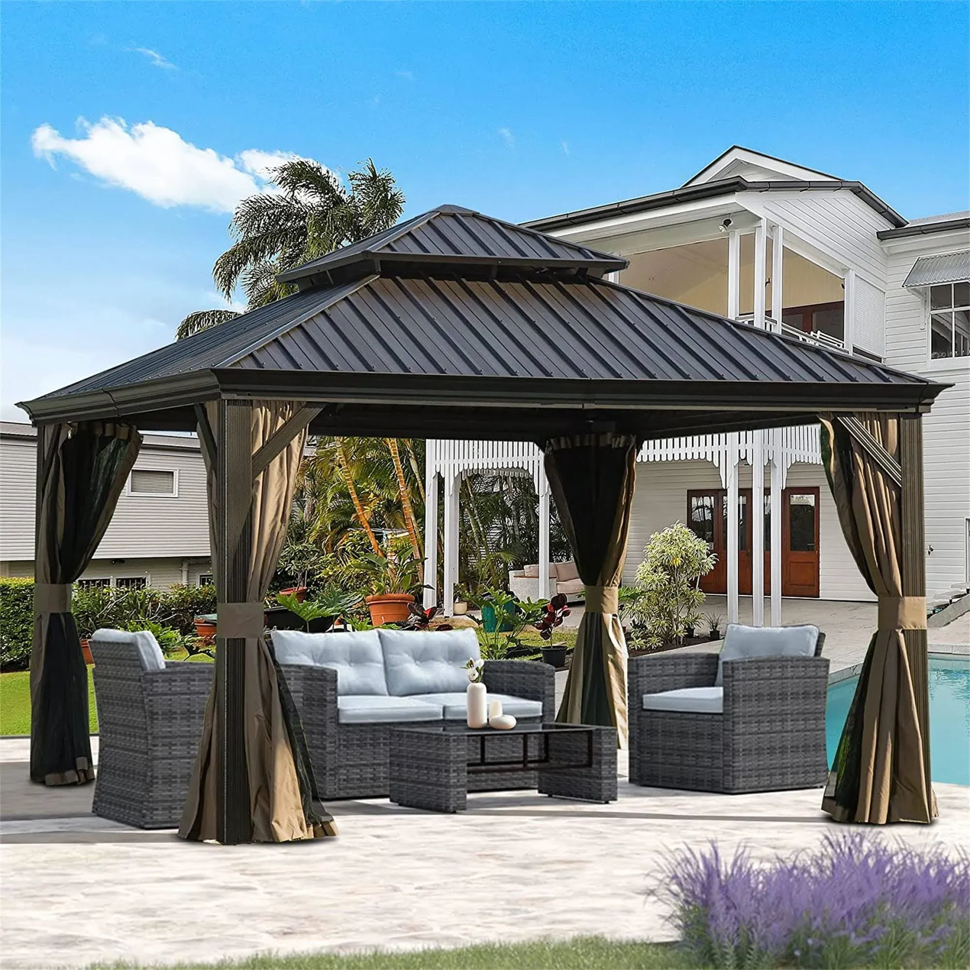 12-ft x 12-ft Brown Metal Square Screened Gazebo with Steel Roof