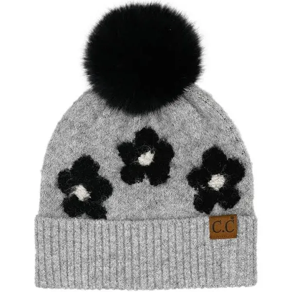 Daisy Contrast Faux Fur Pom C.C Beanie Heather Light Grey