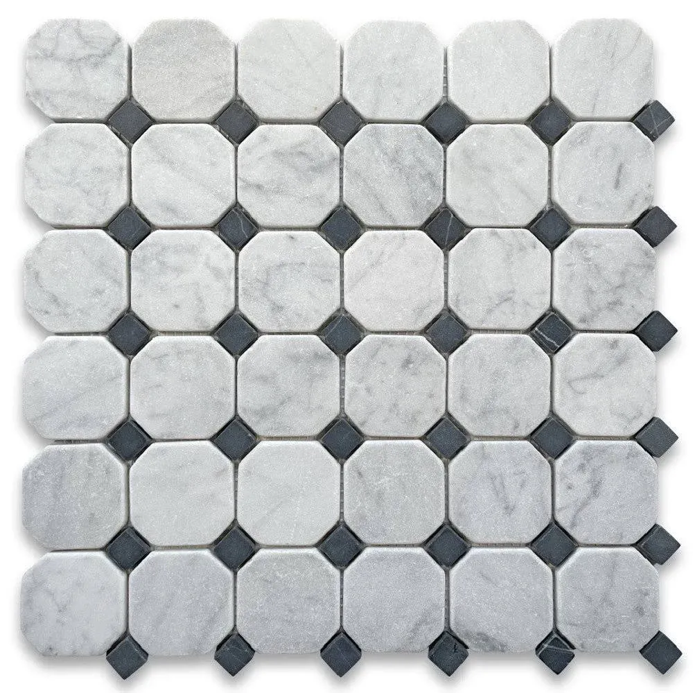 Stone Center Online Carrara White Marble 2 inch Octagon Mosaic Tile w/Nero Marquina Black Dots Tumbled Kitchen Bath Wall Floor Backsplash Shower (1 Sheet)