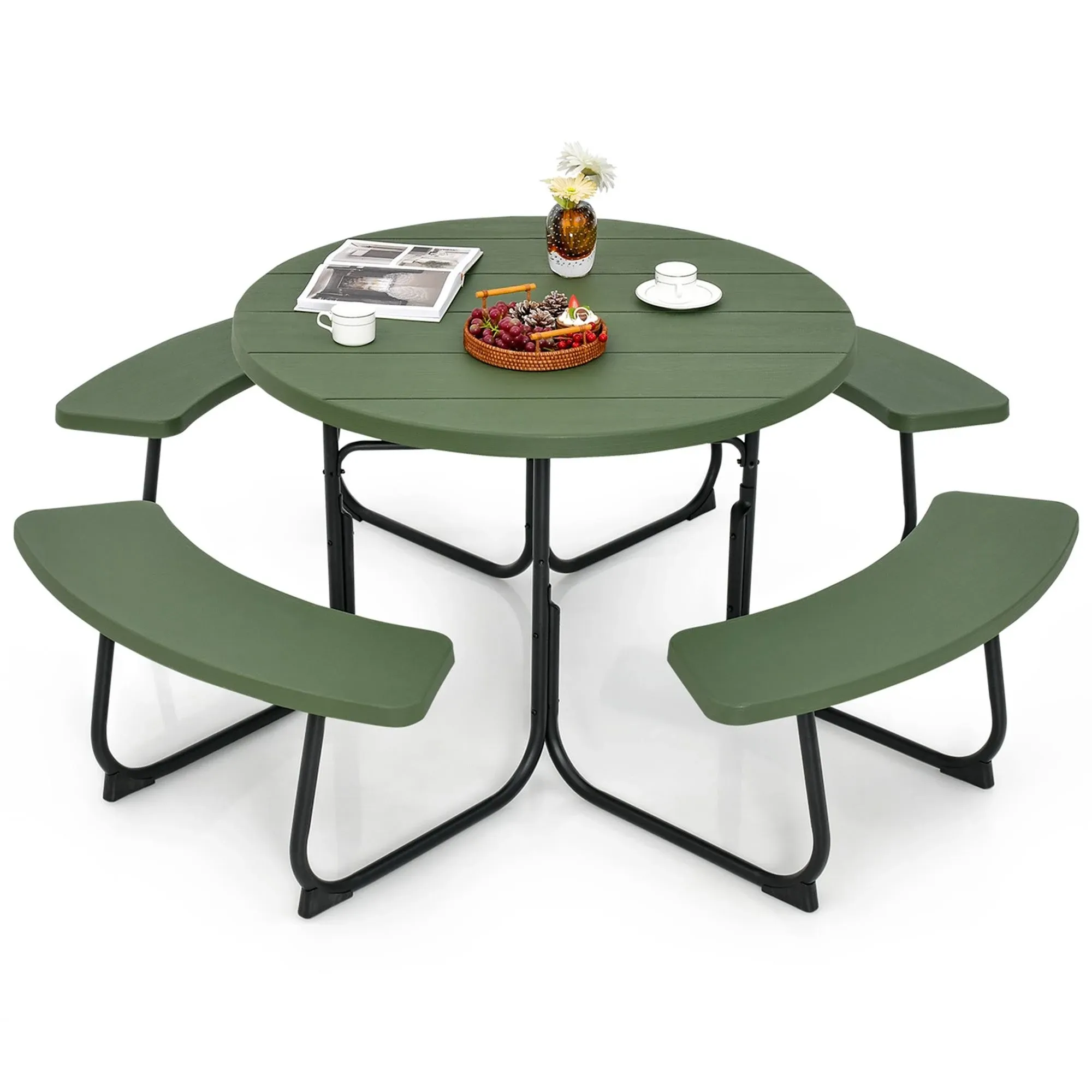 Outdoor 8-person Round Picnic Table Bench Set With 4 Benches & Umbrella Hole In Green