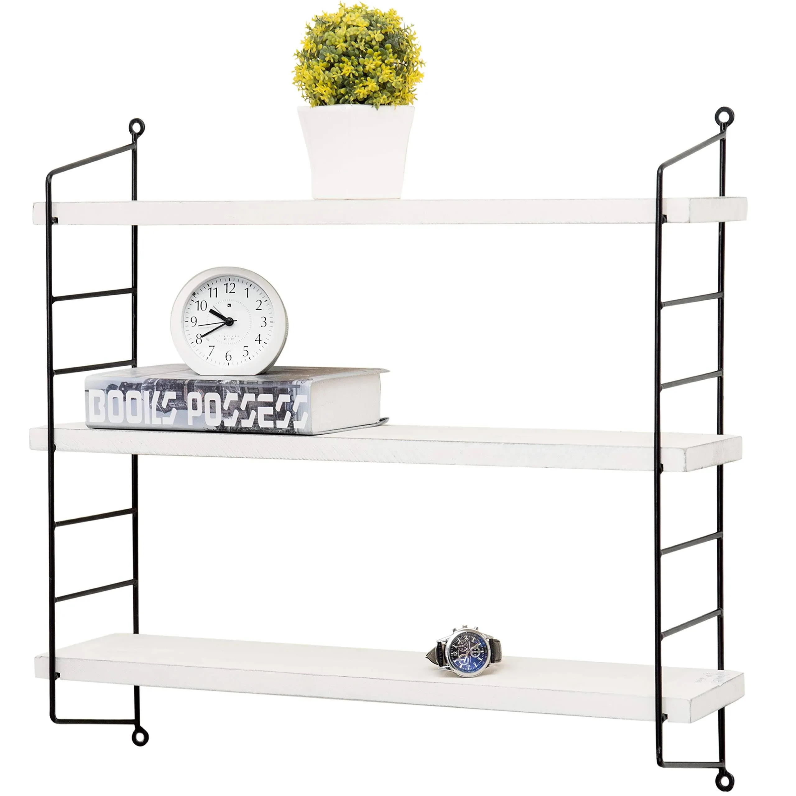 MyGift 23-Inch Floating Shelves Industrial Metal and Vintage White Wood Adjustable Wall Mounted 3-Tier Storage Shelf for Bathroom, Bedroom, Kitchen