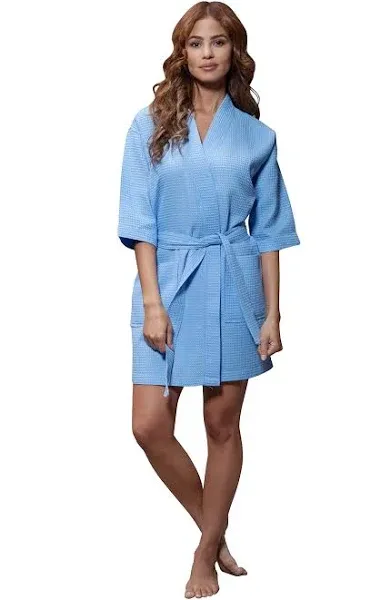 Turquaz Linen Lightweight Knee Length Waffle Kimono Bridesmaids Spa Robe (Small ...