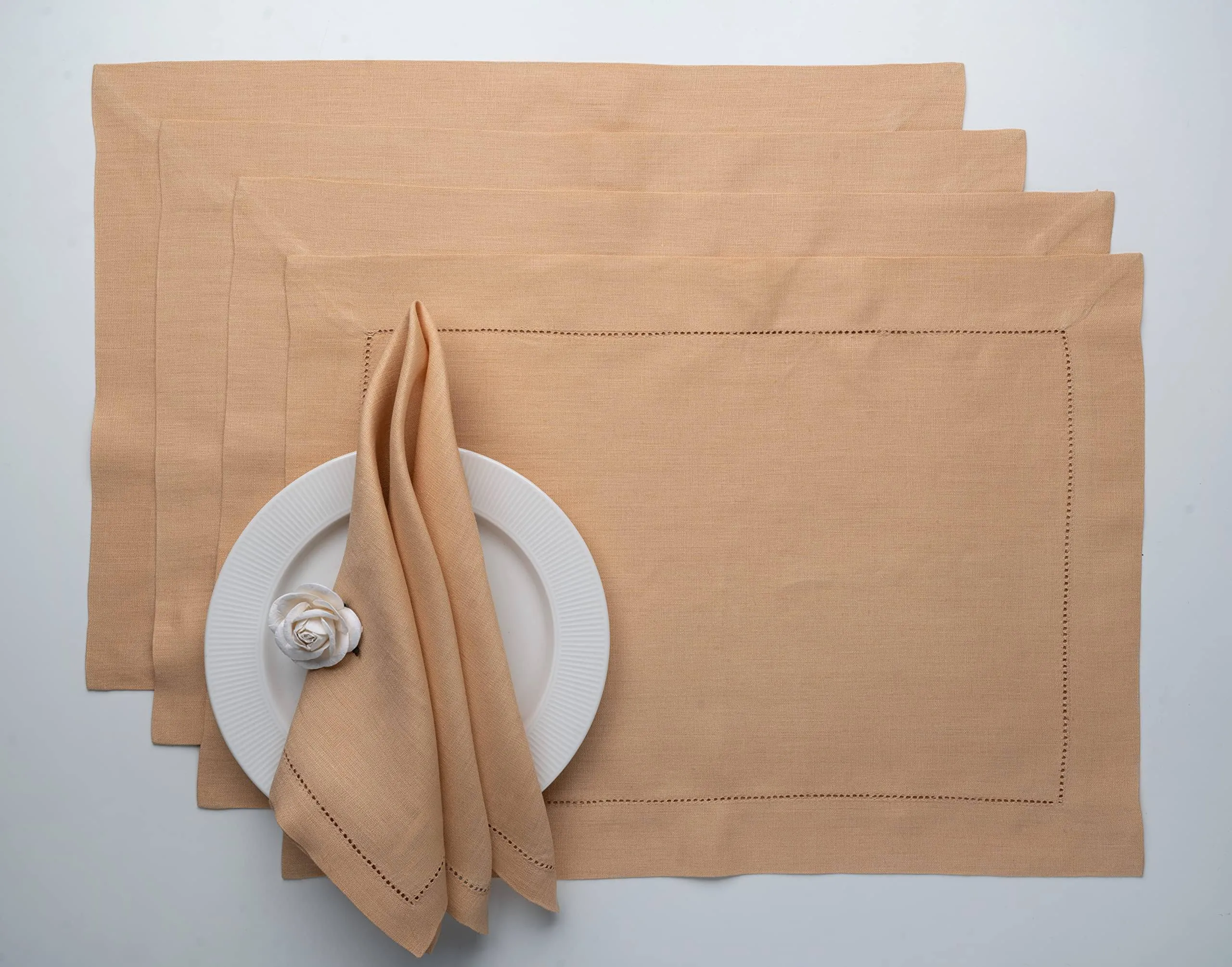 Beige Linen Placemats, Hemstitch, 14 x 19 inch, 4 pcs