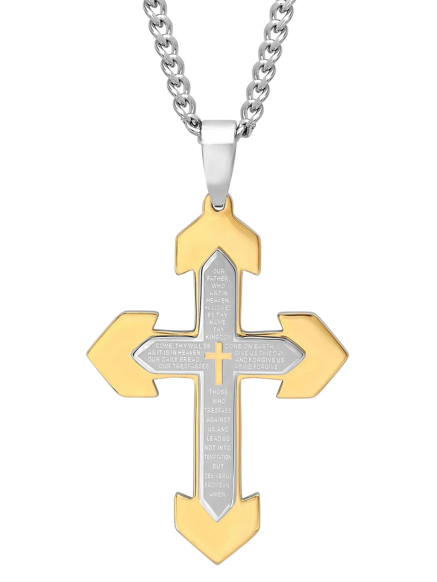 Men&#039;s Stainless Steel &amp; Yellow IP Lord&#039;s Prayer Cross Necklace NWT