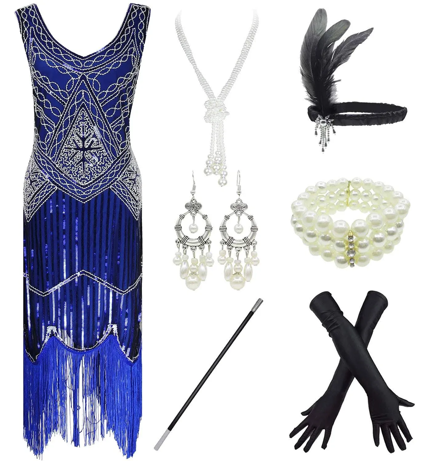 1920s Gatsby Sequin Fringed Paisley Flapper Dress with 20s Accessories Set