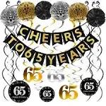 Famoby 65th Birthday Party Decorations Set- Gold Glittery Cheers to 65 Years Banner,Poms,12Pcs Sparkling 65 Hanging Swirls for 65th Birthday Decorations 65 Years Old Party Supplies