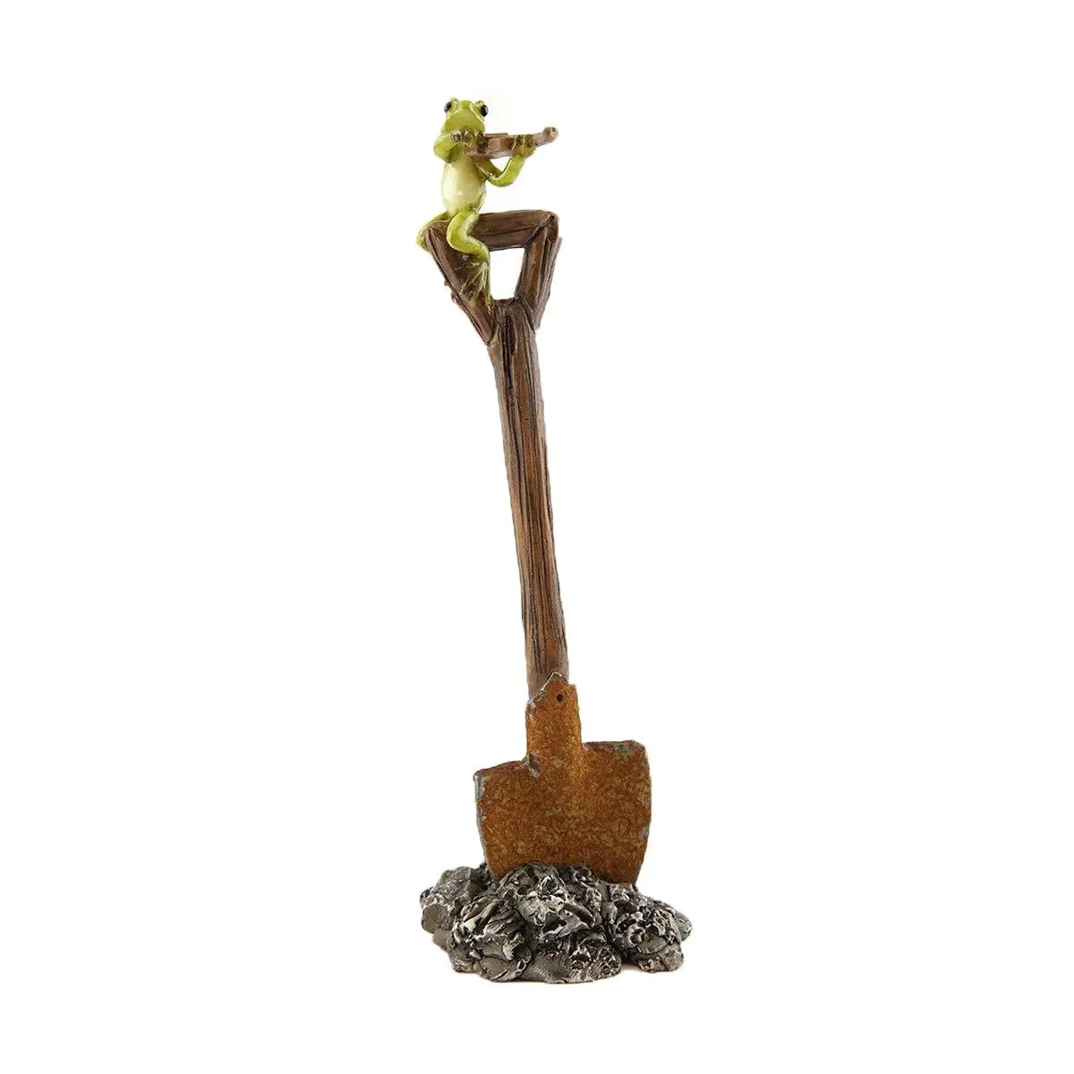 Top Collection Miniature Garden Frog Statues (Frog Playing Fiddle on Rustic Shovel)